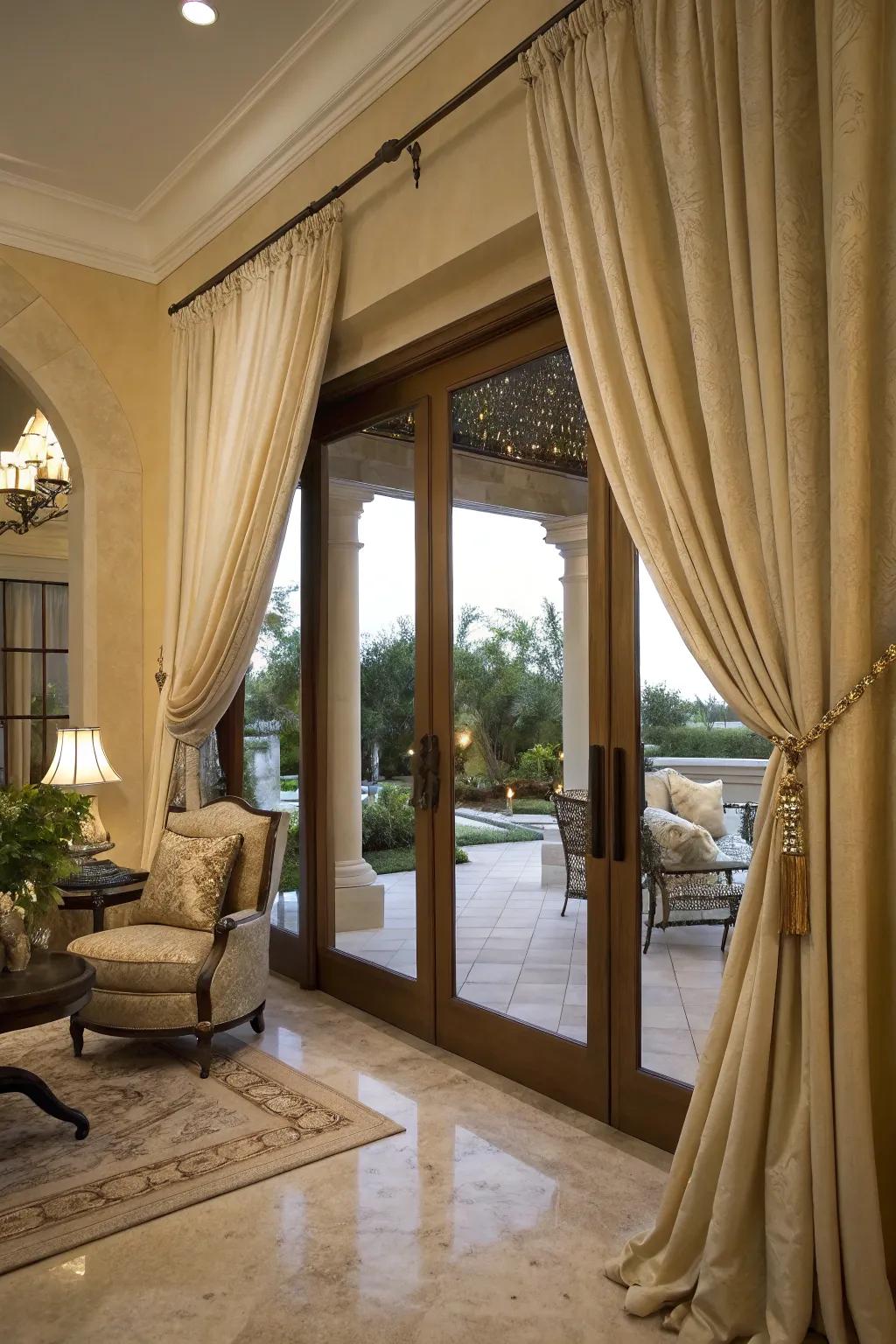 Lengthy curtains introduce sophistication and refinement to patio doors.