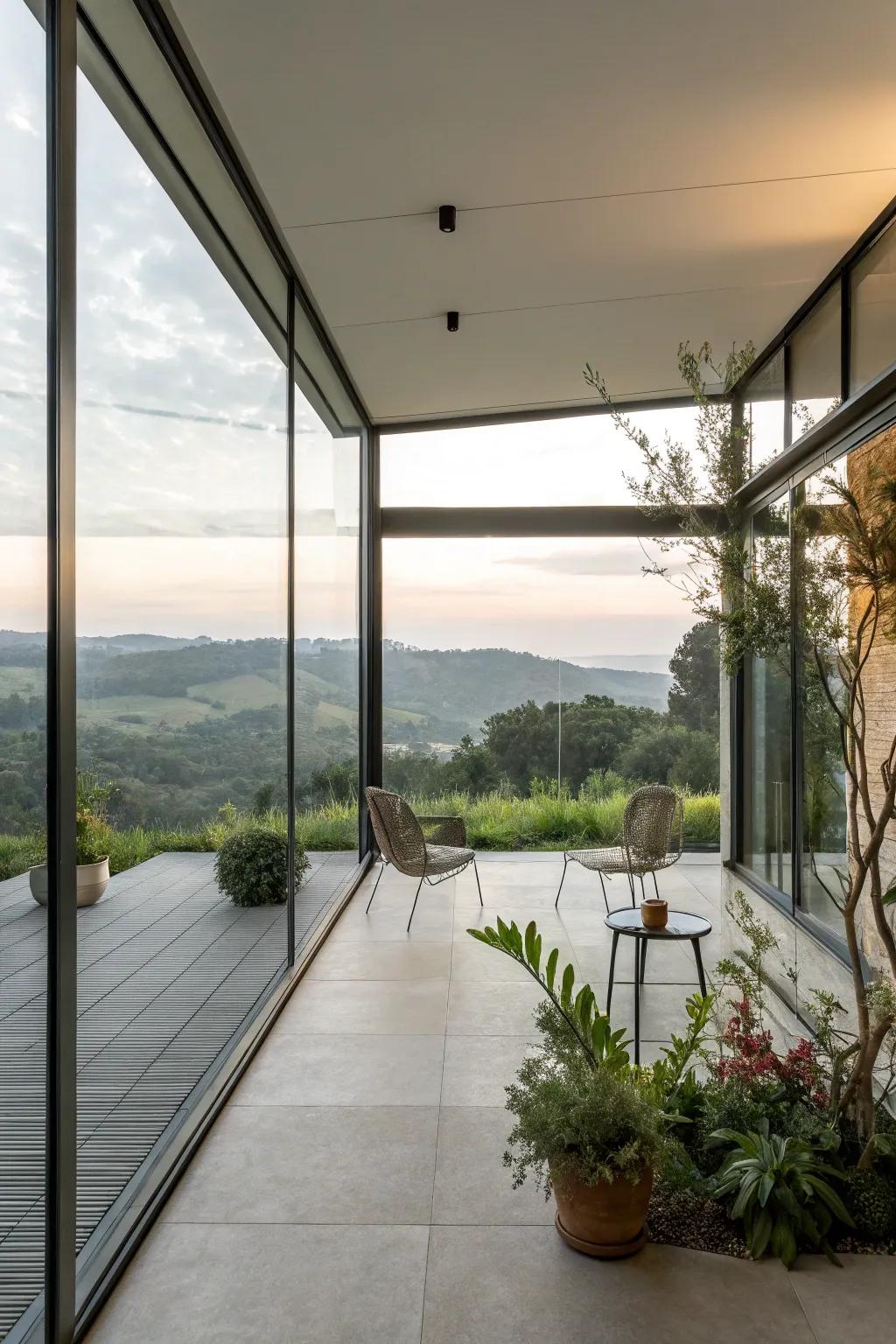 A glass enclosure presenting continuous views and sleek elegance.