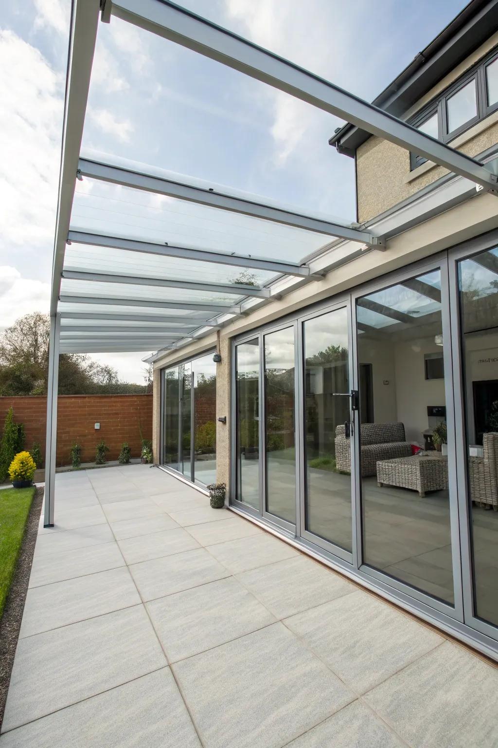Modern metal and glass builds create a stylish patio atmosphere.