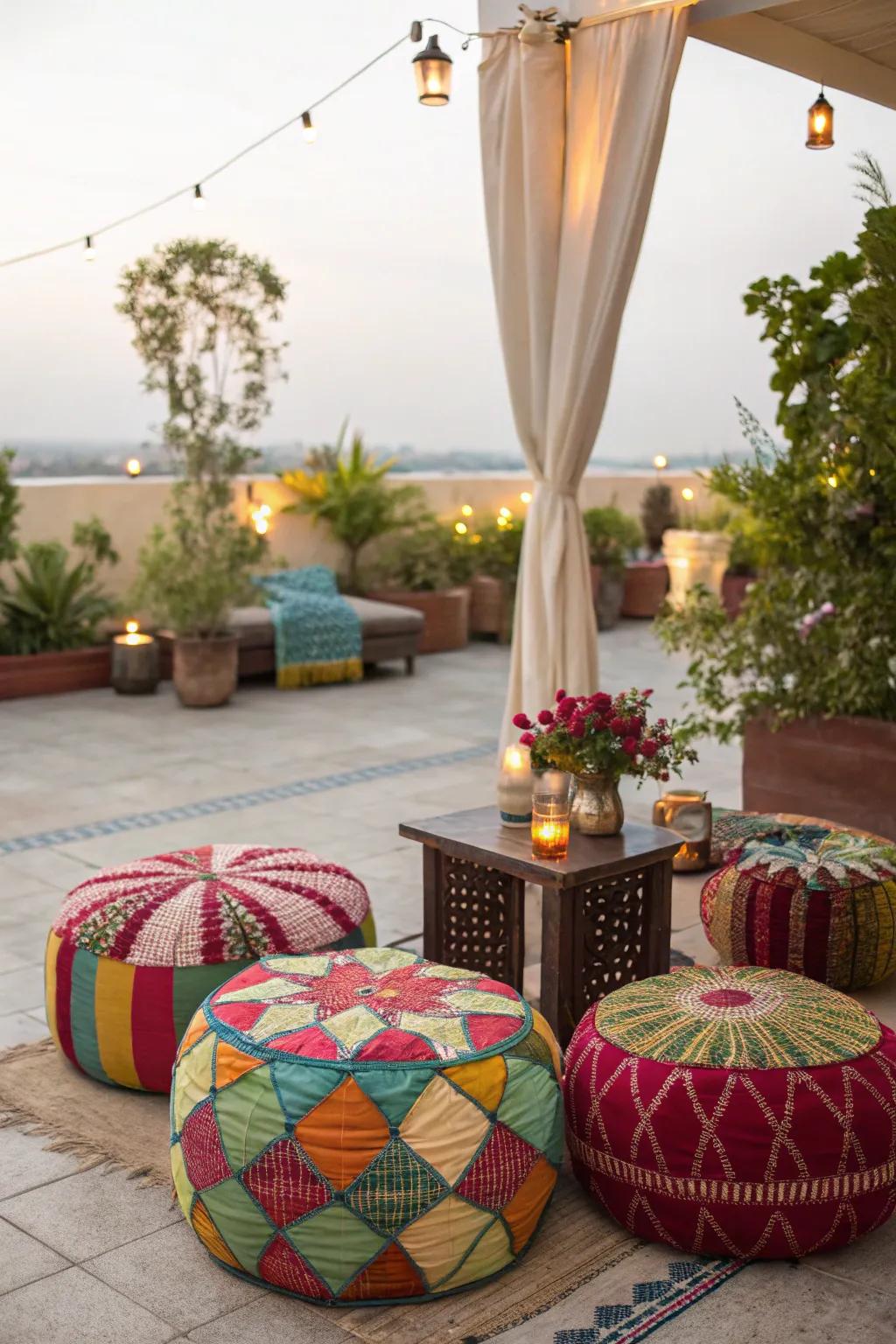 Poufs contribute versatility and a burst of color to your patio arrangement.