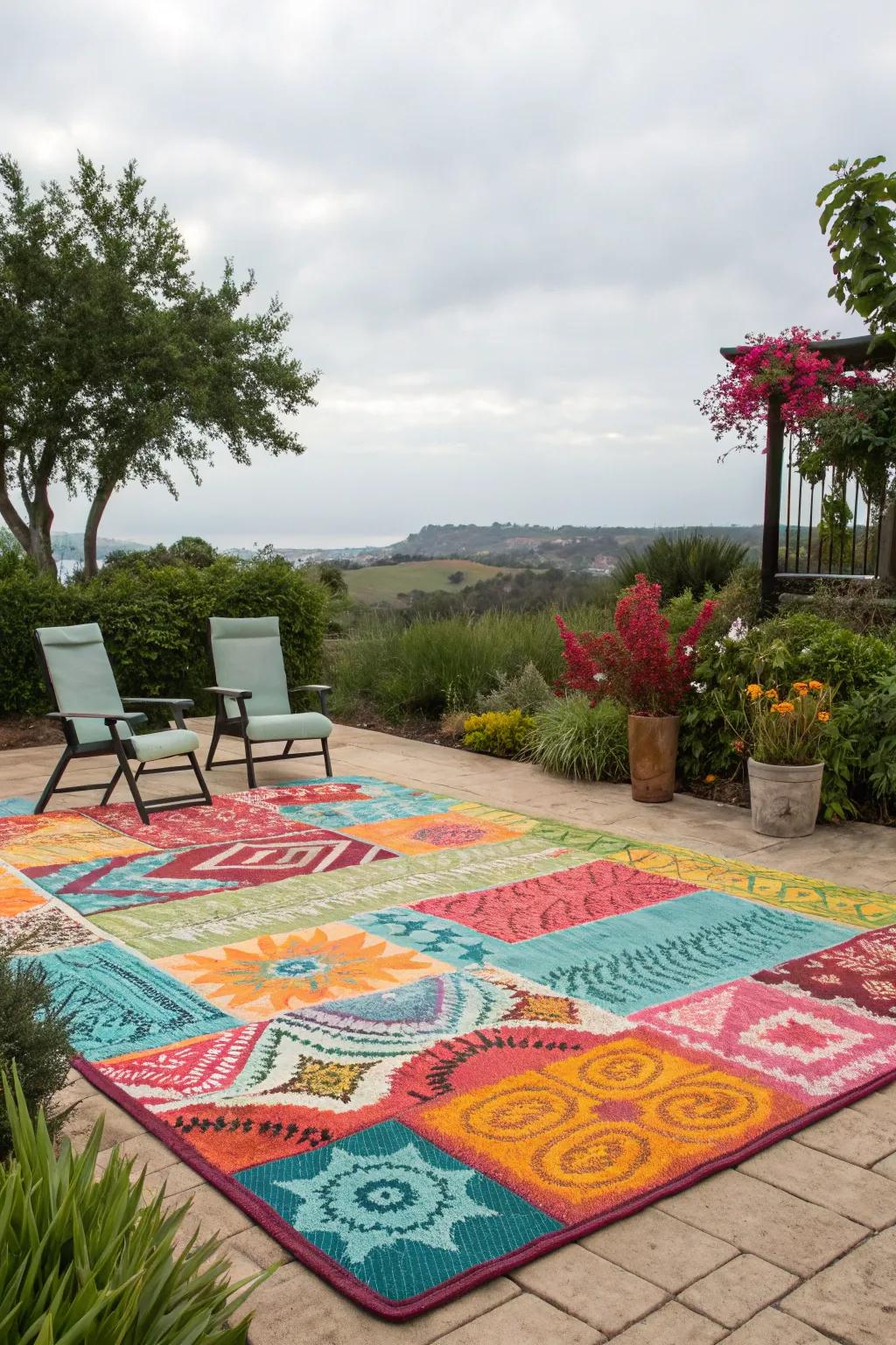 A colorful outdoor mat brightening a simple patio seating area.