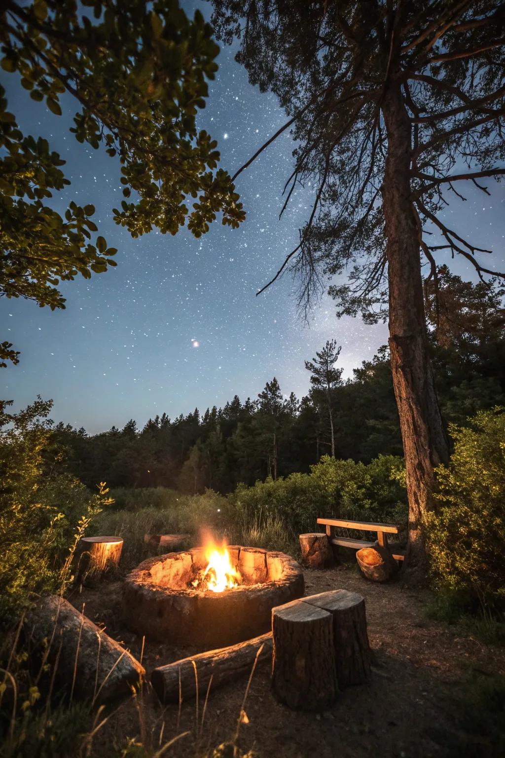 Rustic log seating fashions a welcoming and organic firepit setting.