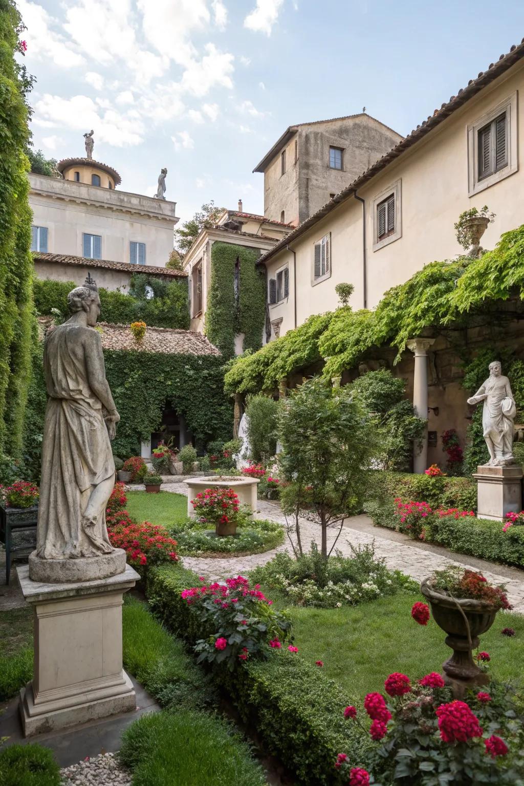 Classic sculptures contribute artistic flair to this Italian courtyard.