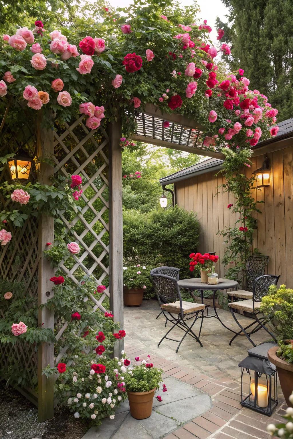 An openwork ladder draped in climbing roses brings a full awning to your patio.