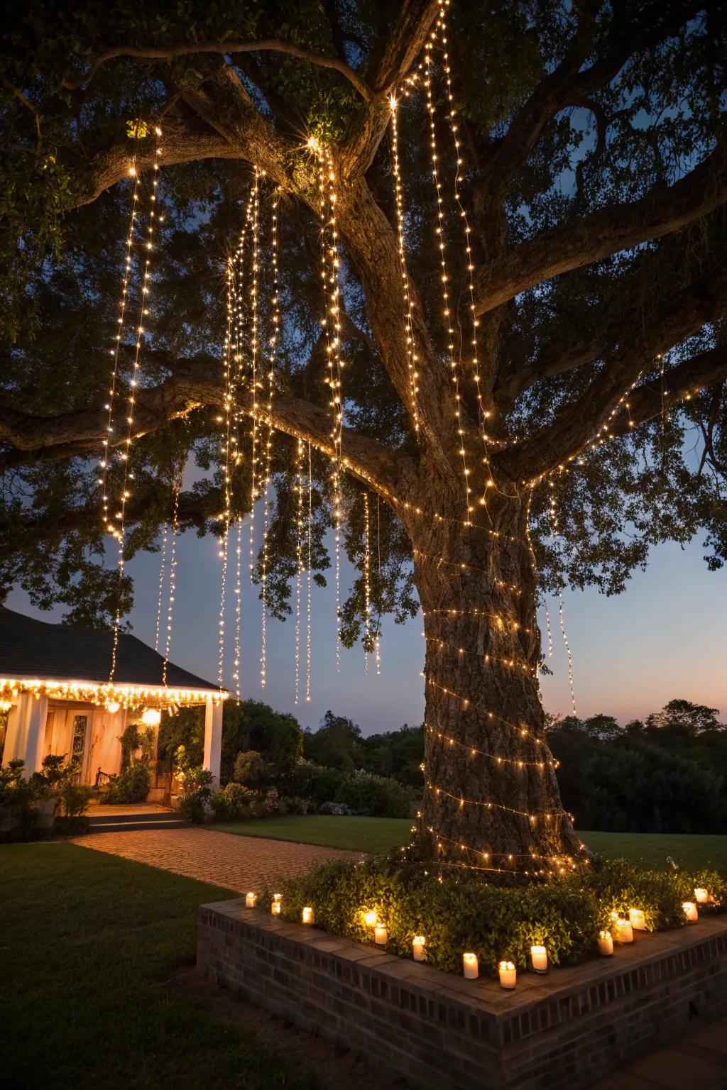 Cascading lights transform trees into captivating focal points.