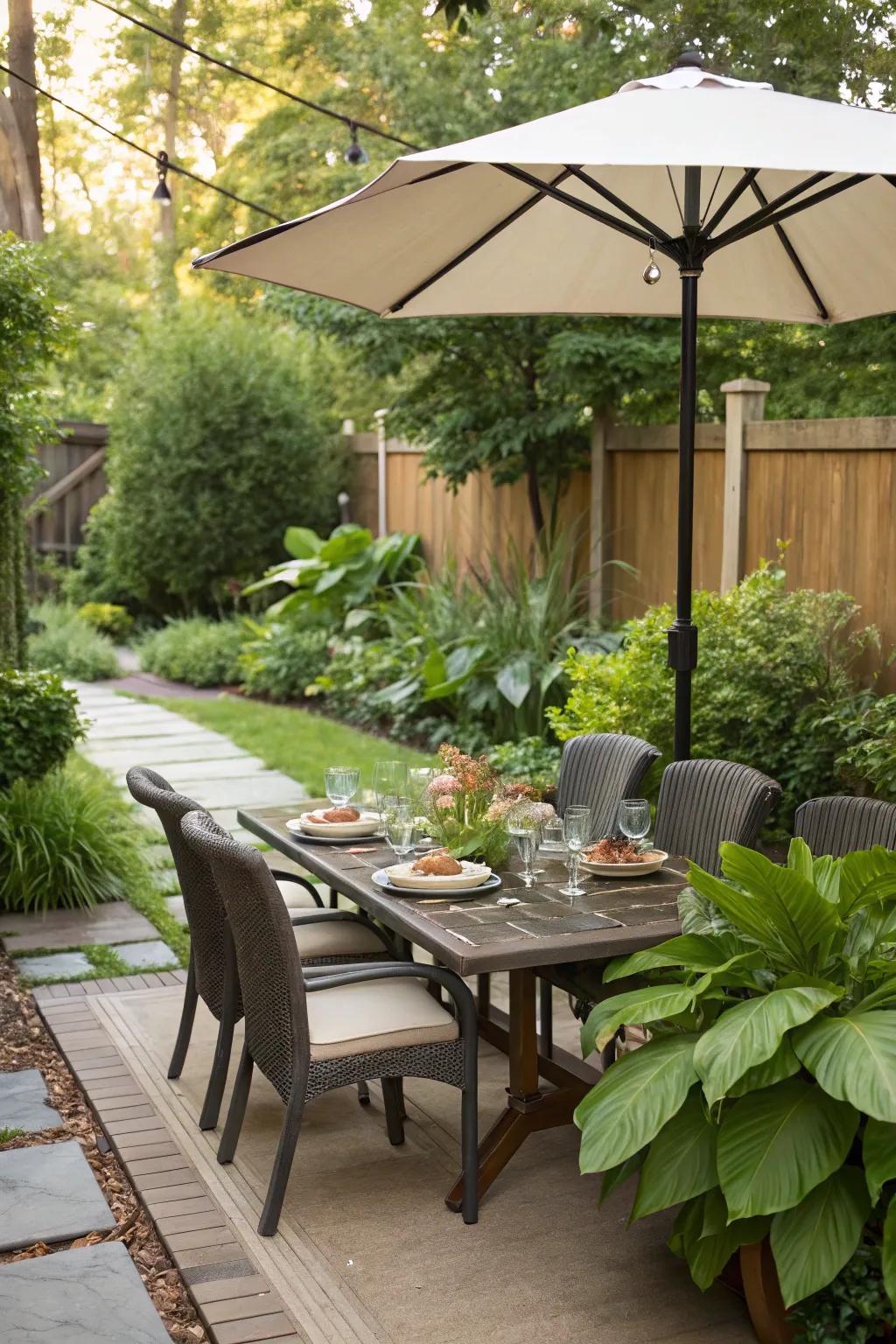 Artful combination of umbrella into exterior furnishings.