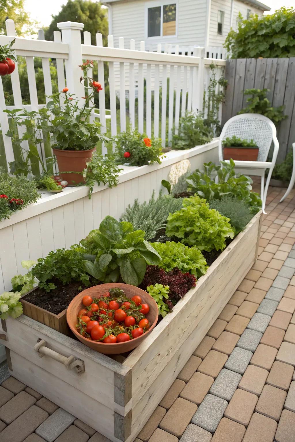 A neatly arranged raised bed, bursting with an array of garden vegetables.