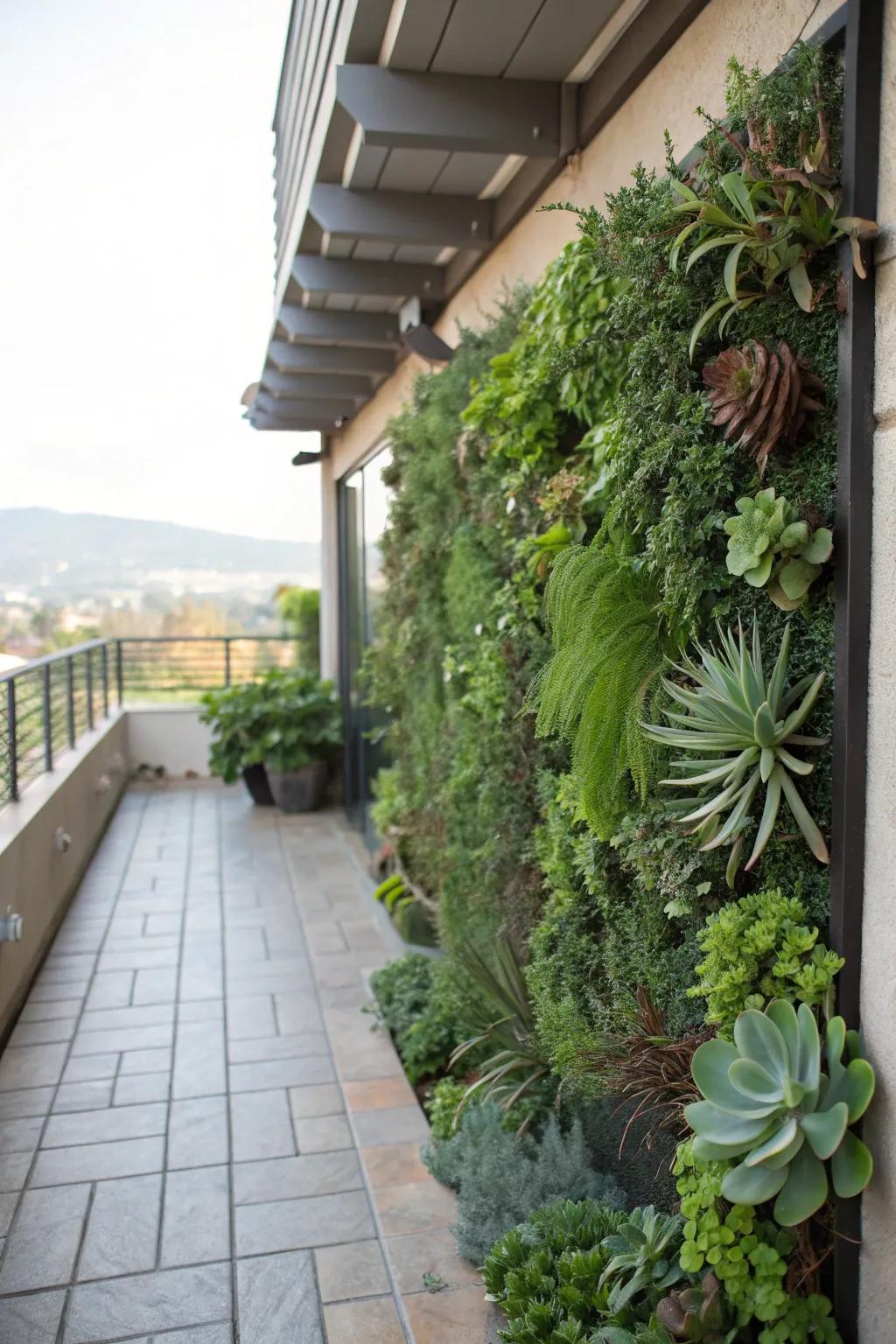 A vibrant vertical garden turns a patio wall into a stunning display.