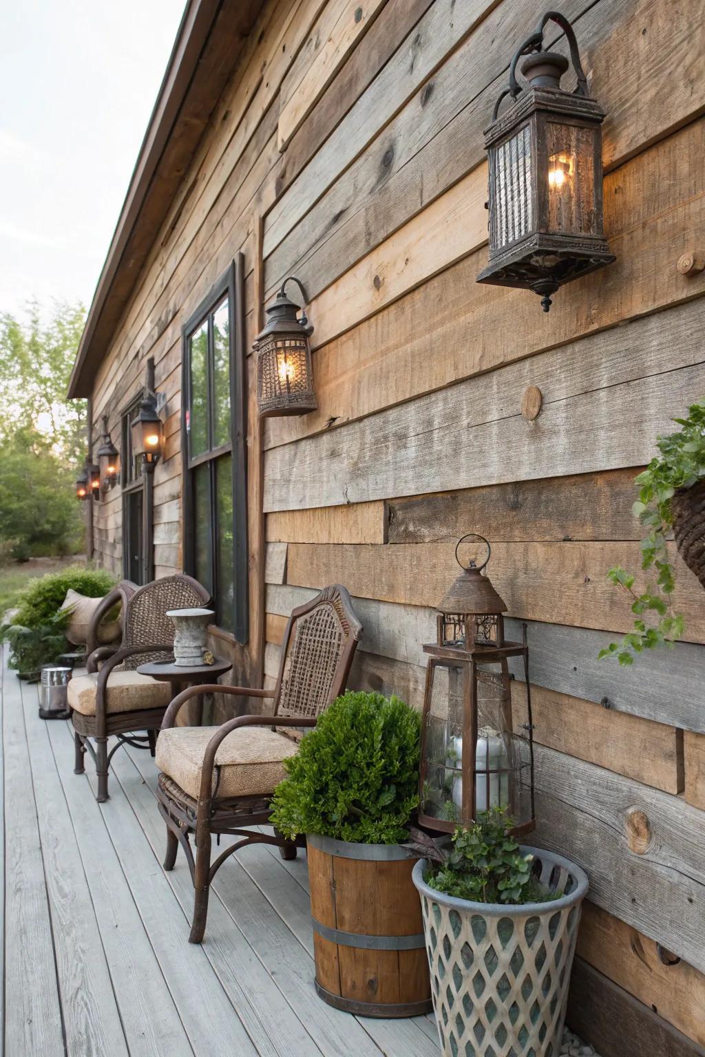 A weathered patio backdrop fashioned from reused barn timber.