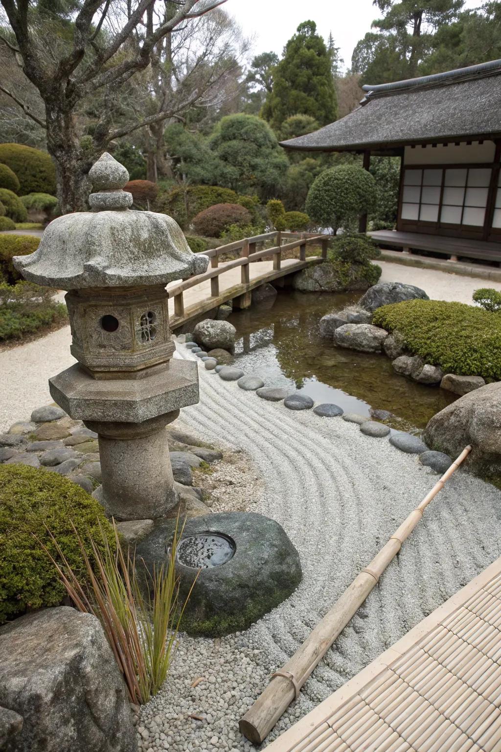 A Japanese Zen garden accent adds balance and peace.