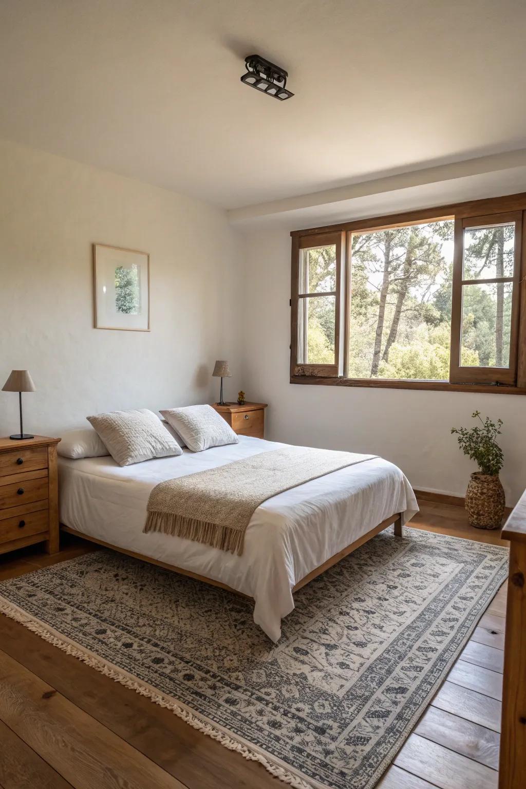 A simple bedroom with simple decor, focusing on open space and calm.