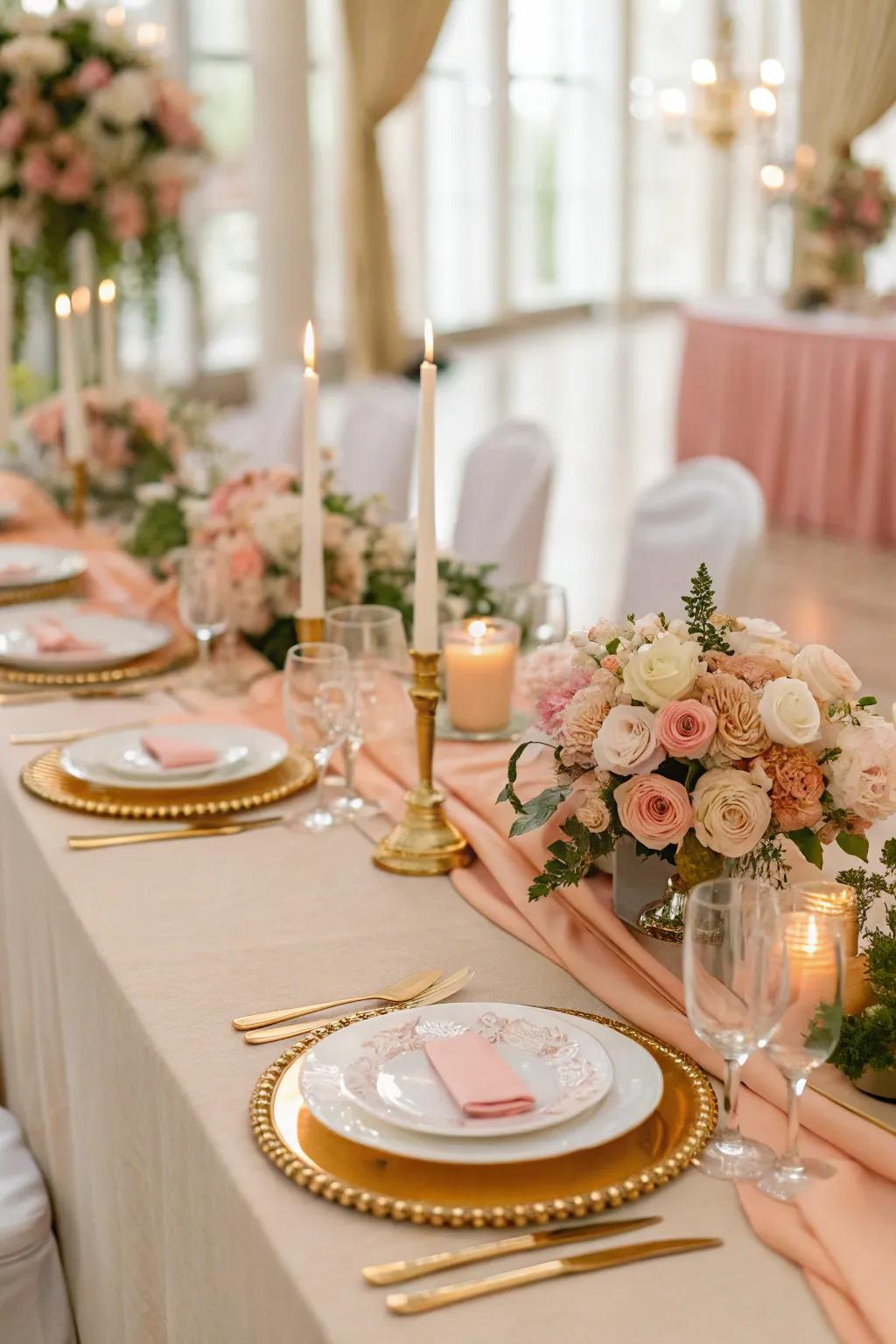 Lavish peach and gold table decorations for a hint of luxury.