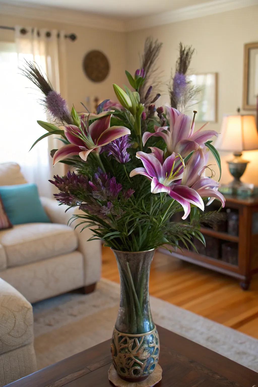 A mesmerizing fusion of blossoms and feathers in a dynamic centerpiece.