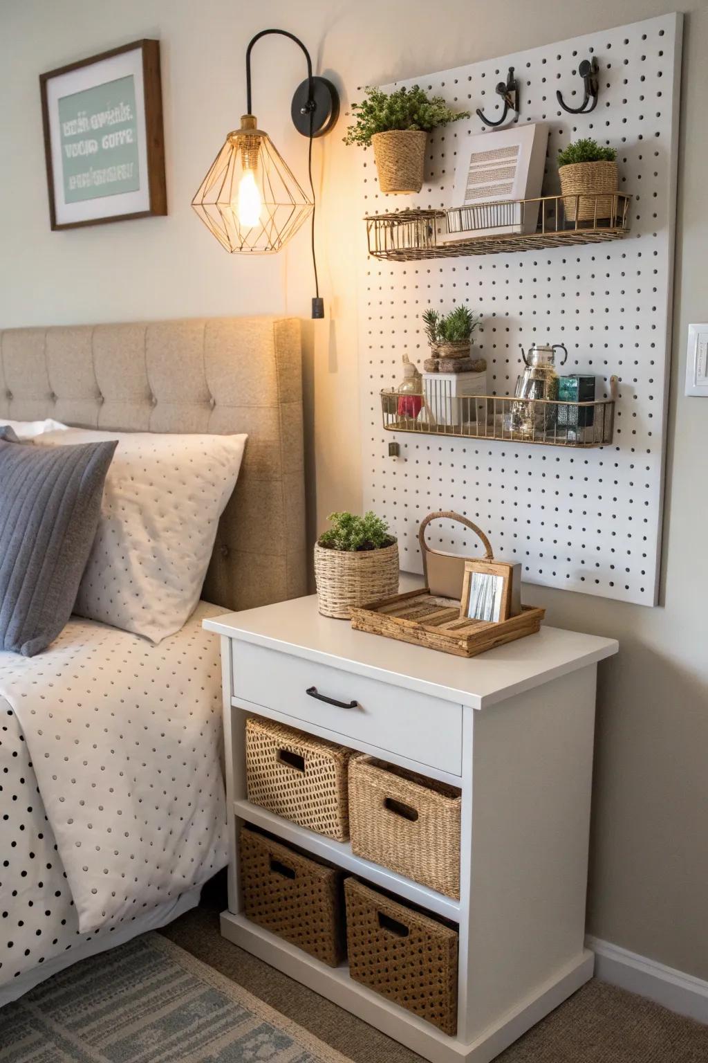 Space-efficient pegboard nightstands: essentials at your fingertips.