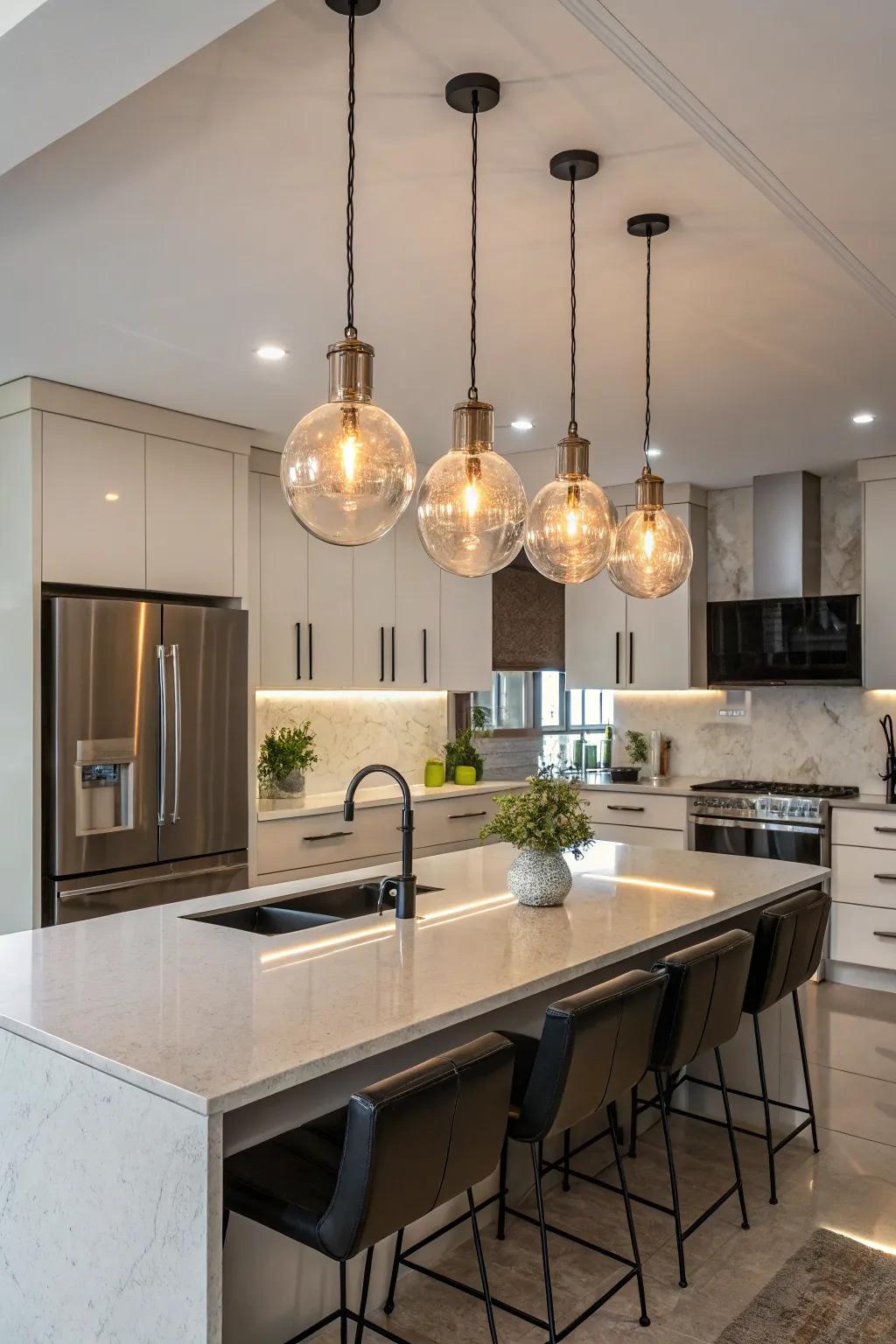 Grouped pendants make a strong statement in any area.