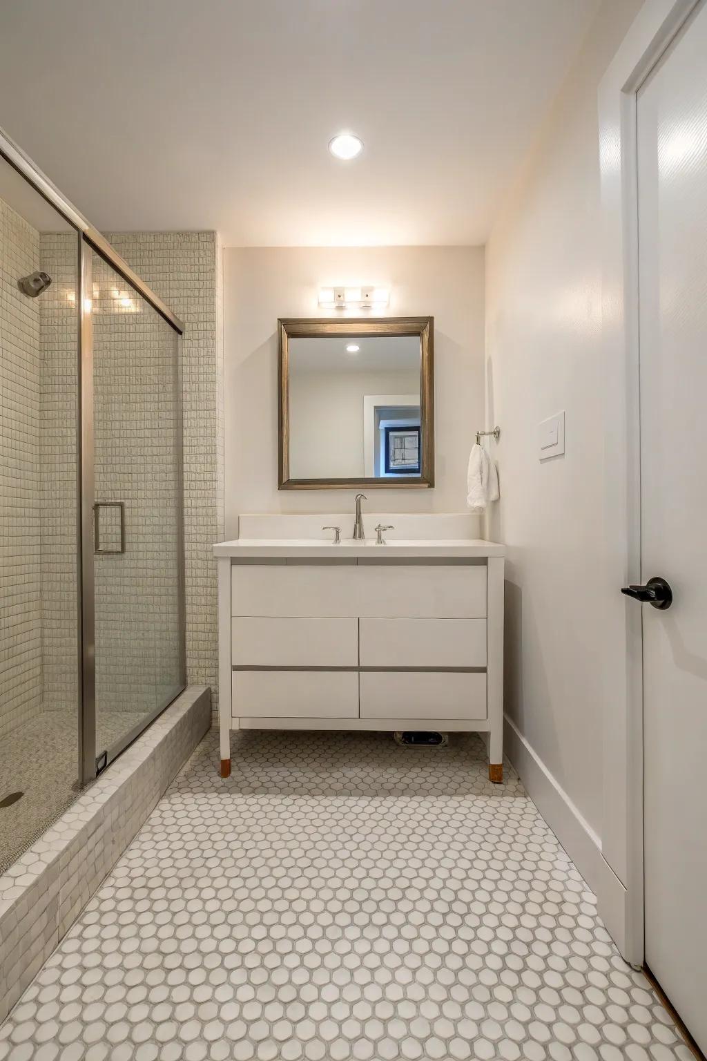 Classic white penny tiles evoking a bright and airy atmosphere.