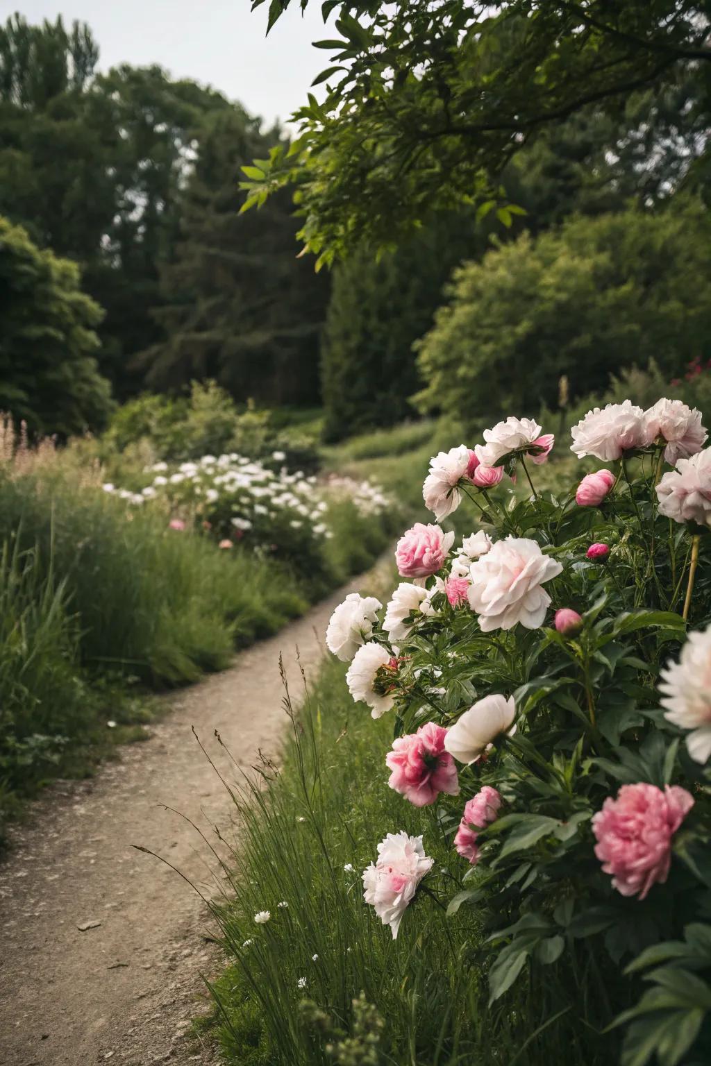 Peonies amplifying a verdant garden route with their splendor.