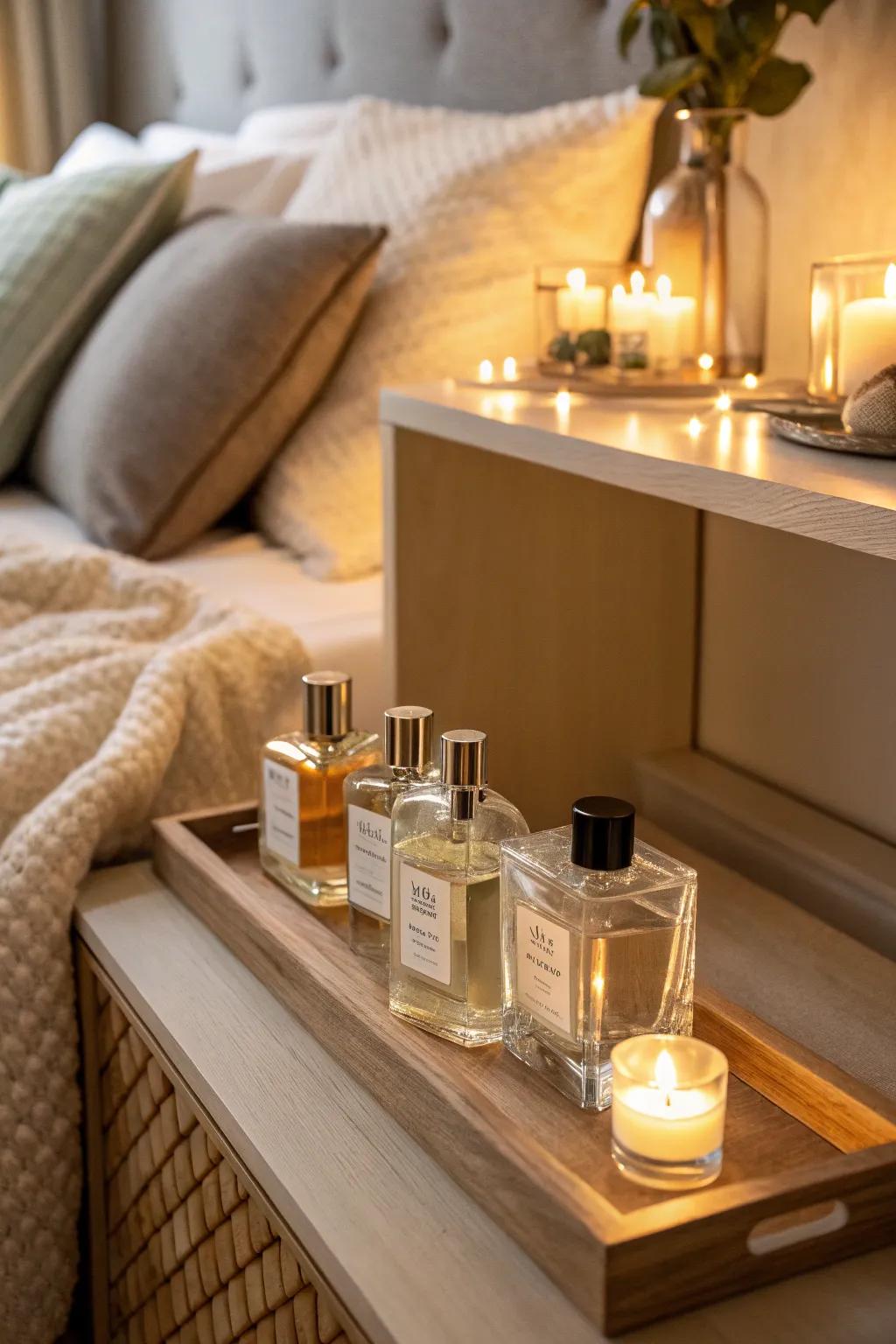 Perfume bottles softly illuminated, creating a cozy and inviting atmosphere.