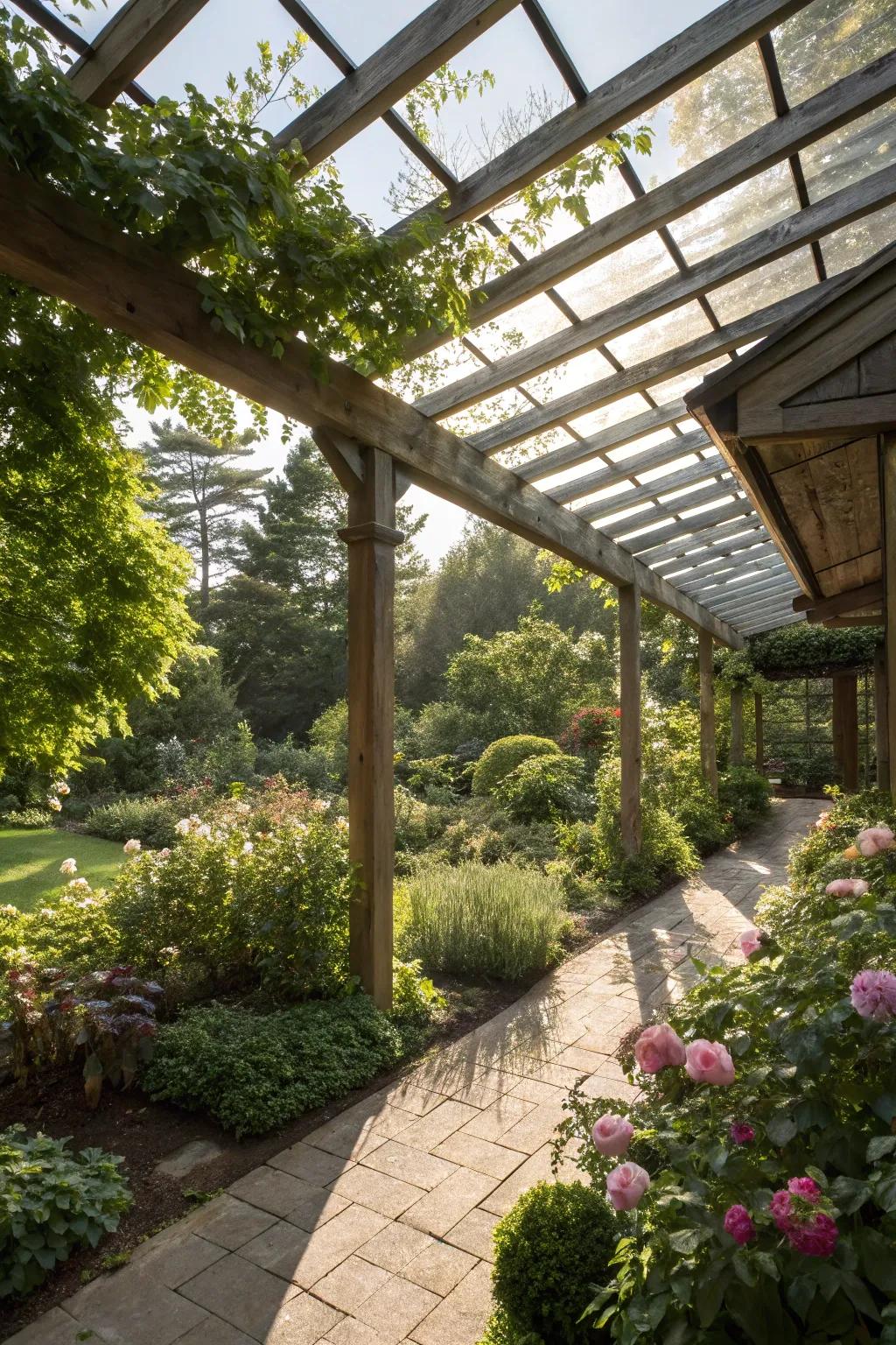 A pergola with a glass roof lets natural light flood into a comfortable garden environment.