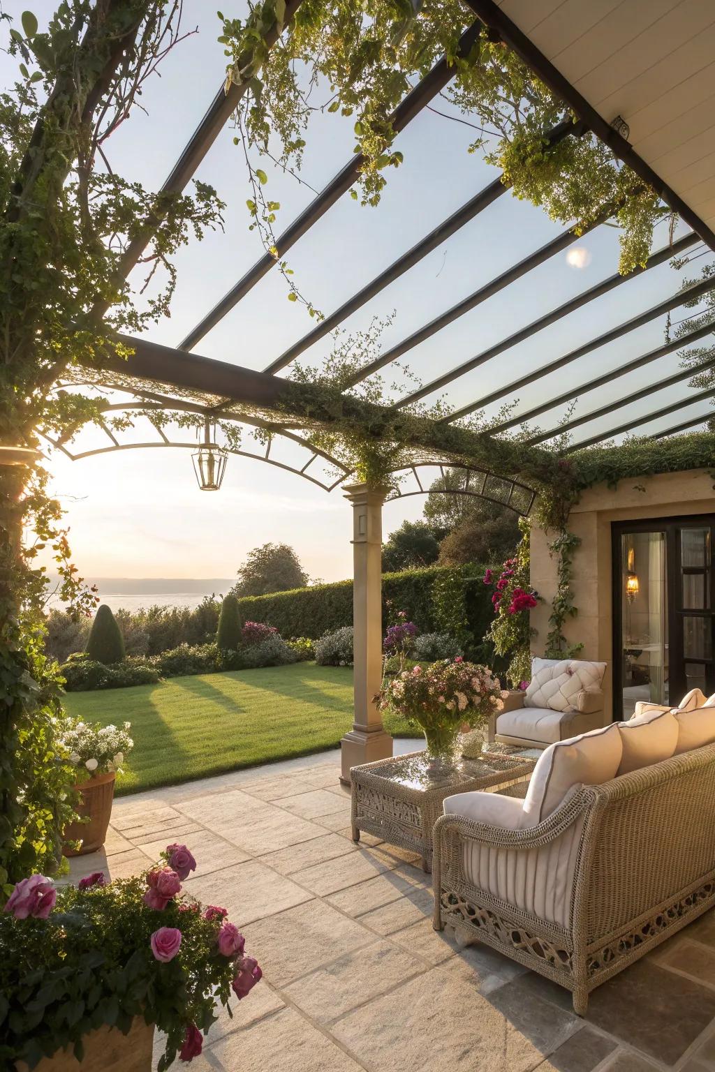 Benefit from a skylight pergola top to embrace natural light.