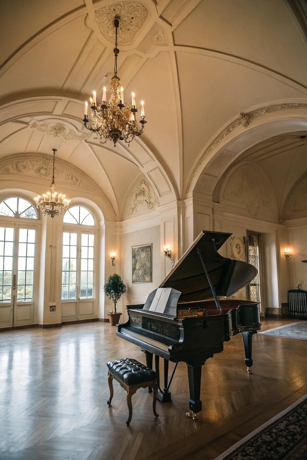 High ceilings add grandeur and enhance acoustics in the piano room.