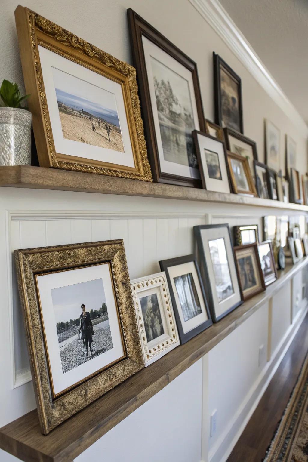 A combination of frame styles on a display ledge results in a flexible aesthetic.