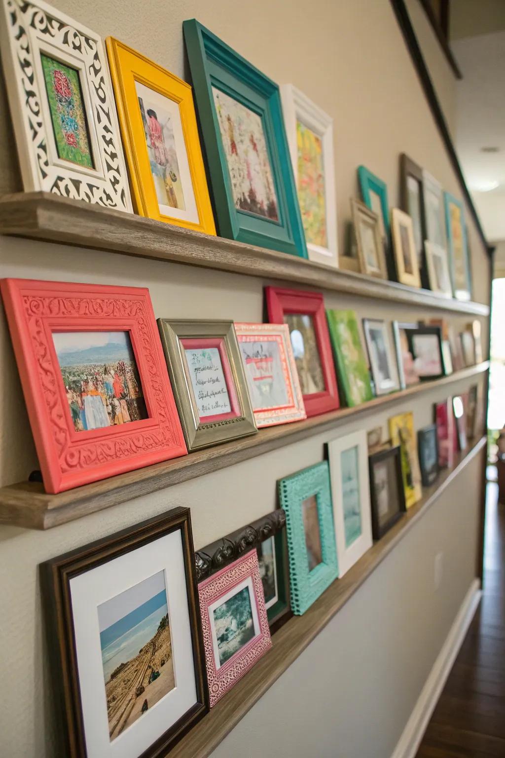 Play with frame dimensions and hues for a dynamic shelf display.