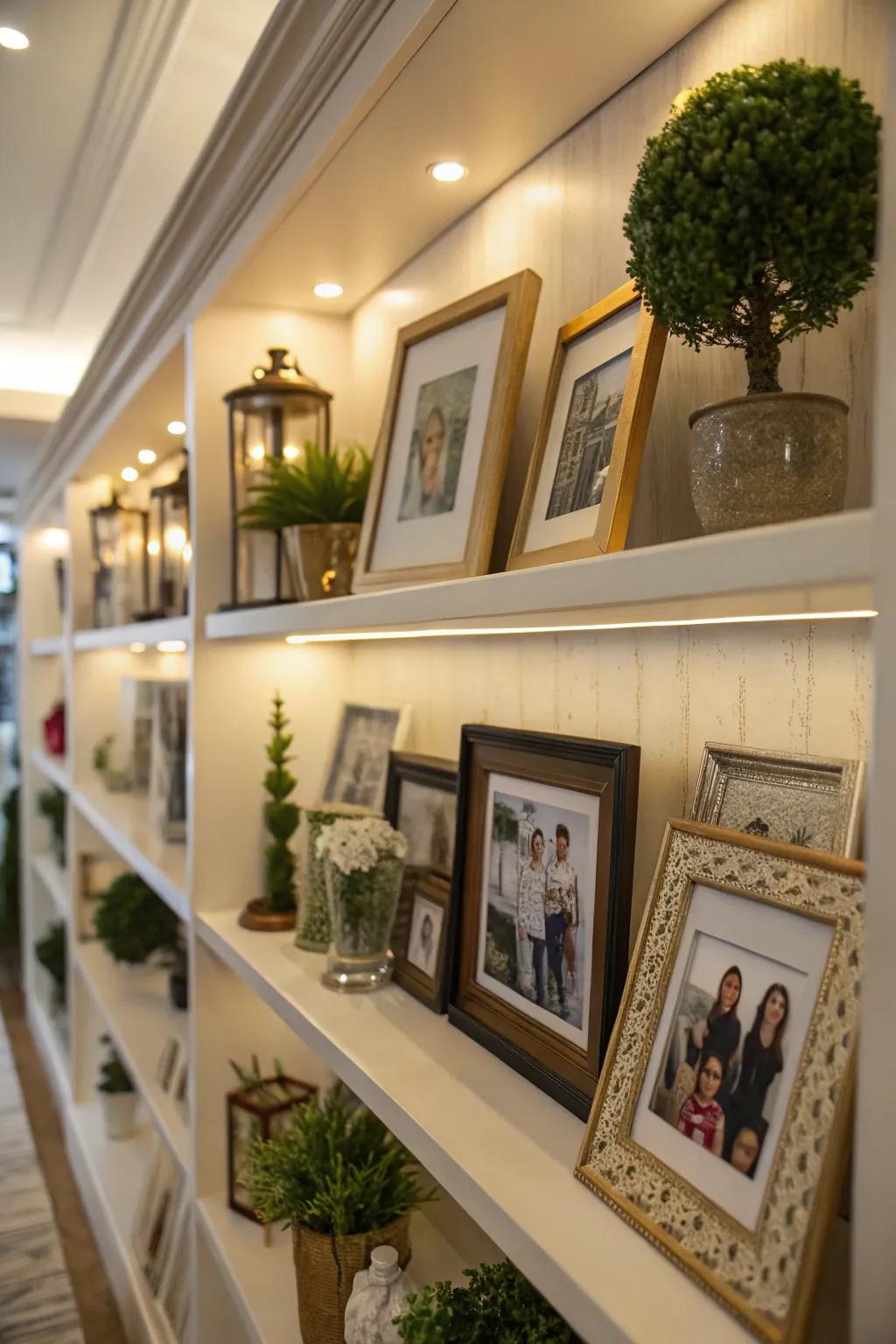 Picture ledge blending framed art with decorative items.