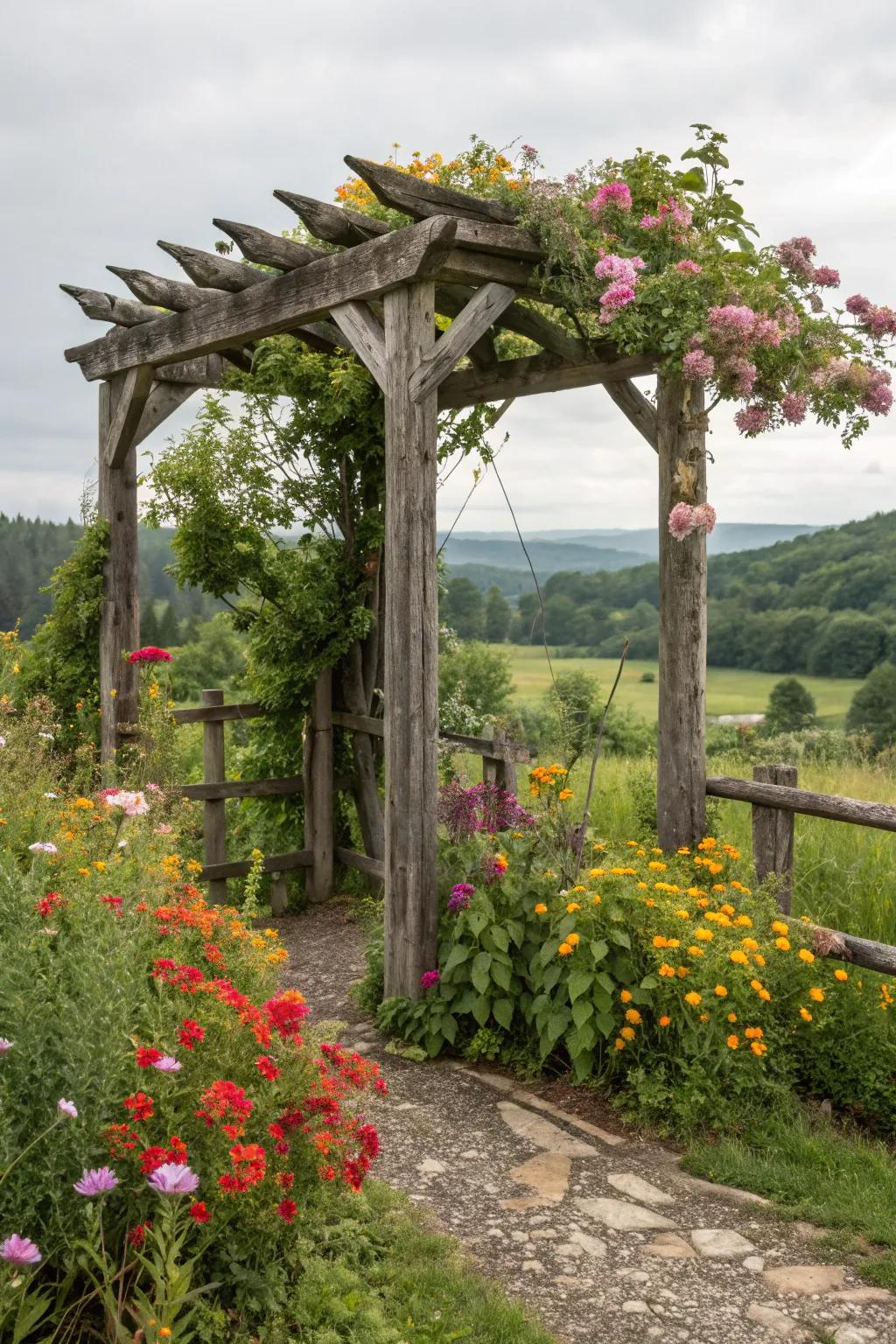 A rustic arbor infuses a sense of nostalgia and comfort into any garden.