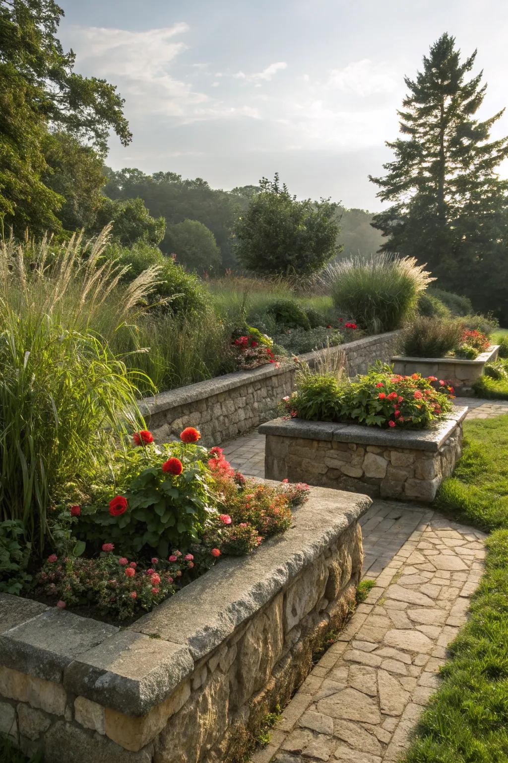Design a calm retreat with elegant stone raised flower beds.