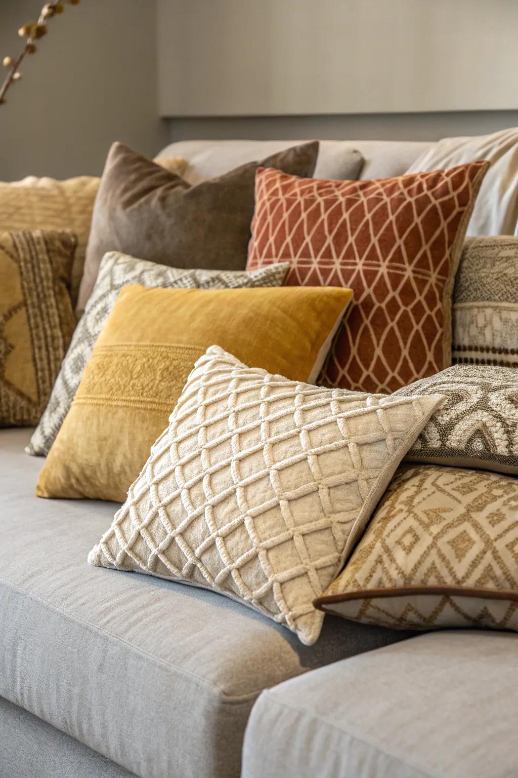 Staggered cushions of different sizes composing a lively spectacle.