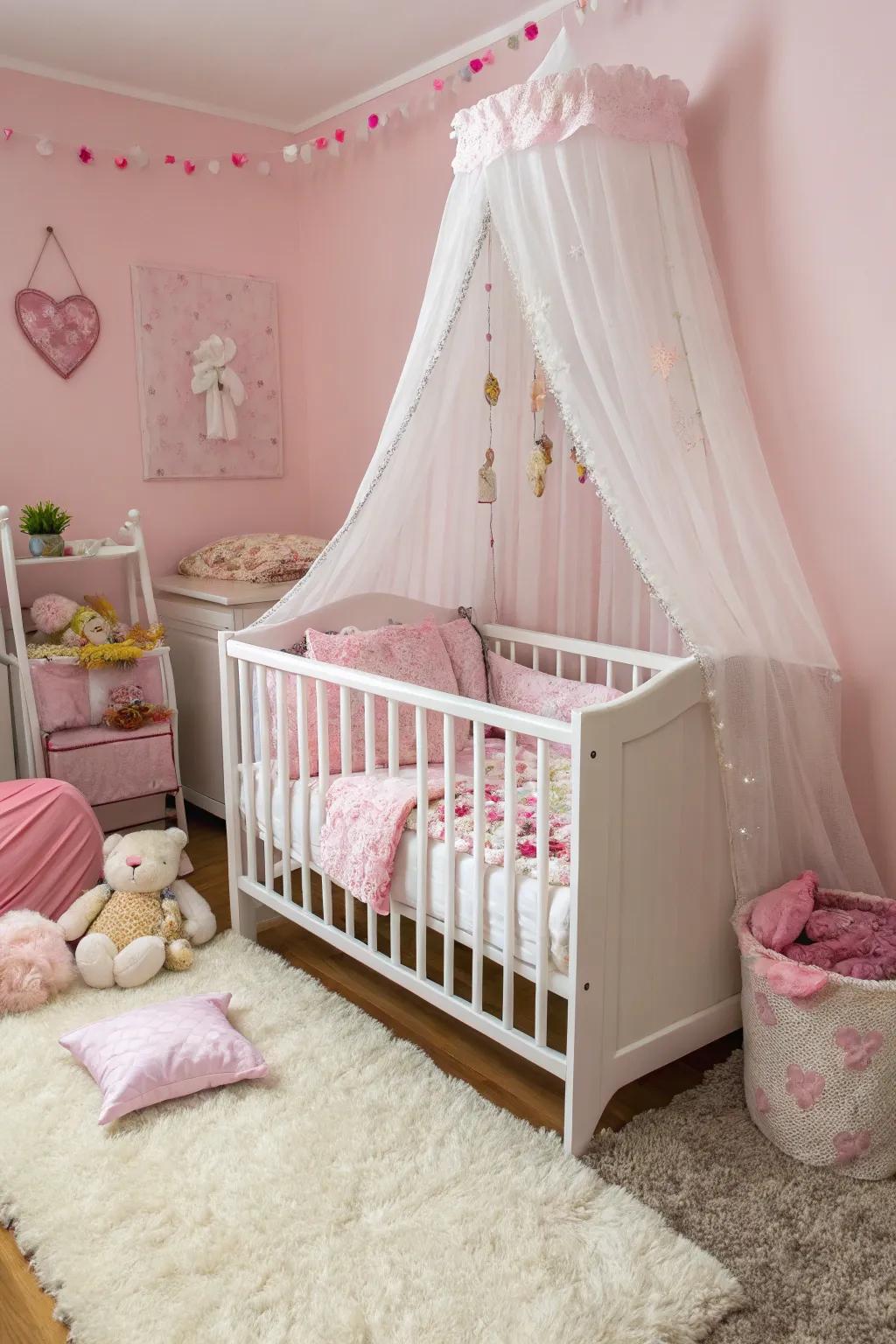 A white cot serves as a classic focal point in the nursery.