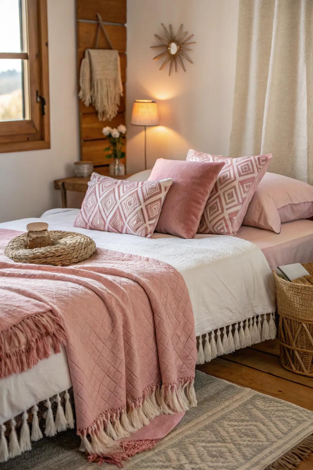 Delicate pink textiles contribute warmth and texture to this welcoming bedroom.