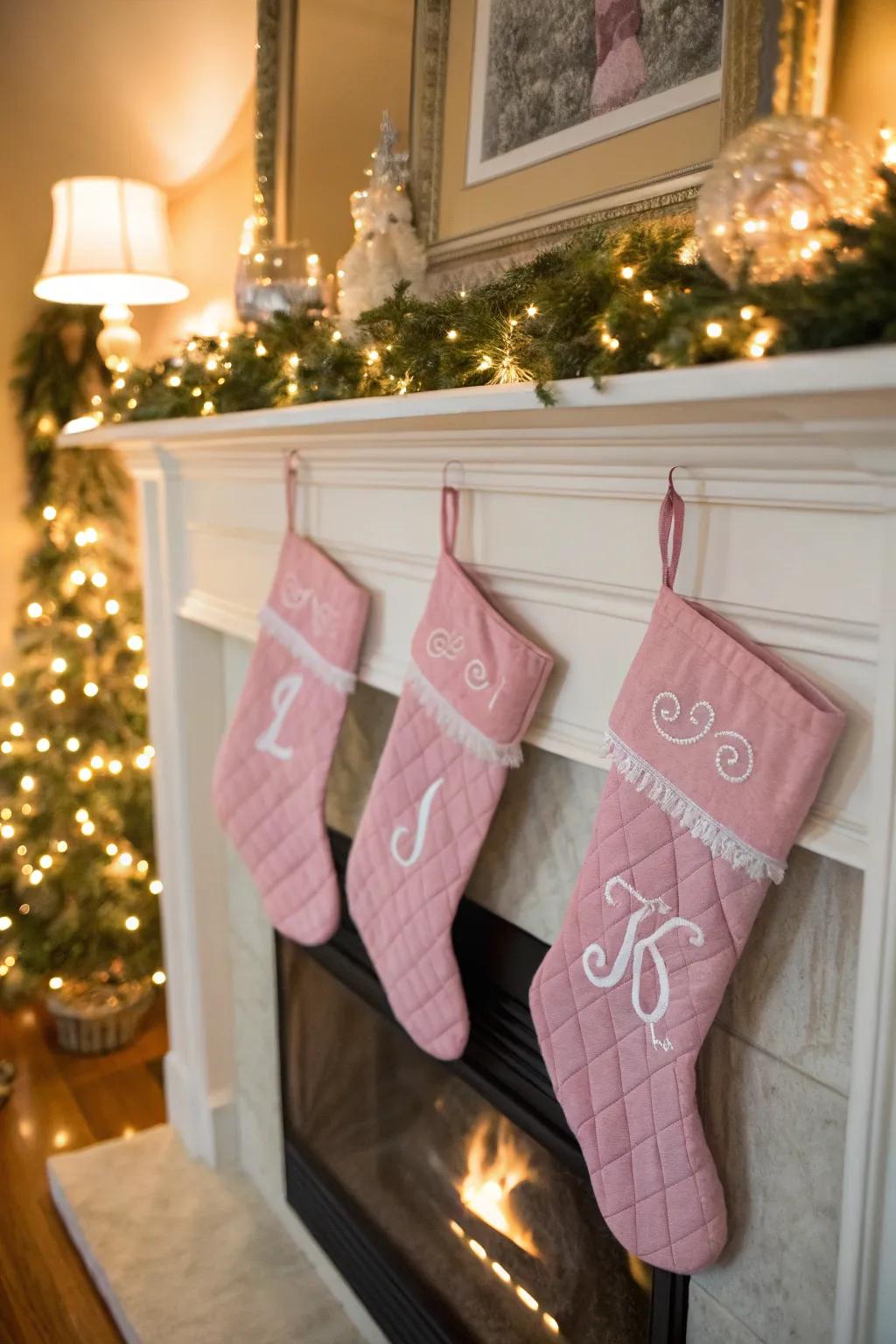 Custom pink stockings bring joy to the mantel.