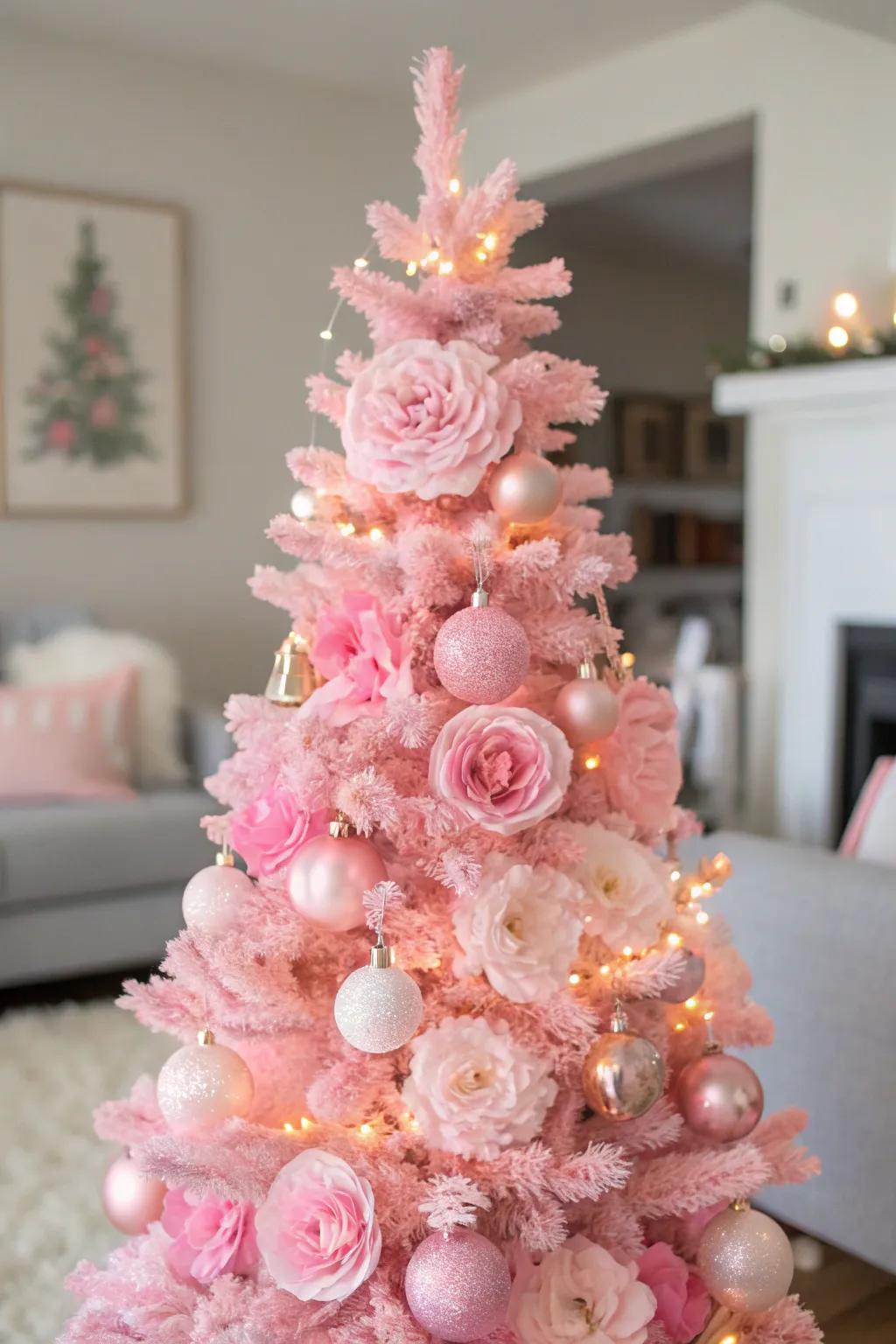 Blossom ornaments transform this rose fir into an enchanting garden.