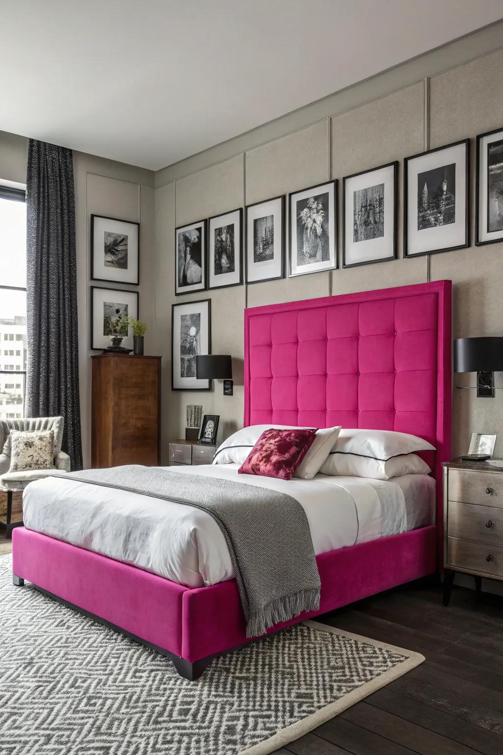 A daring and vibrant bedroom showcasing a fuchsia headboard.