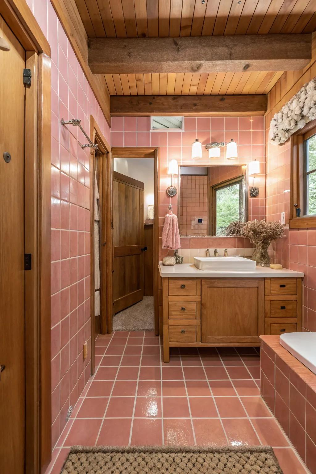 A well-balanced blend of rosy tiles and wooden components in the bathroom.