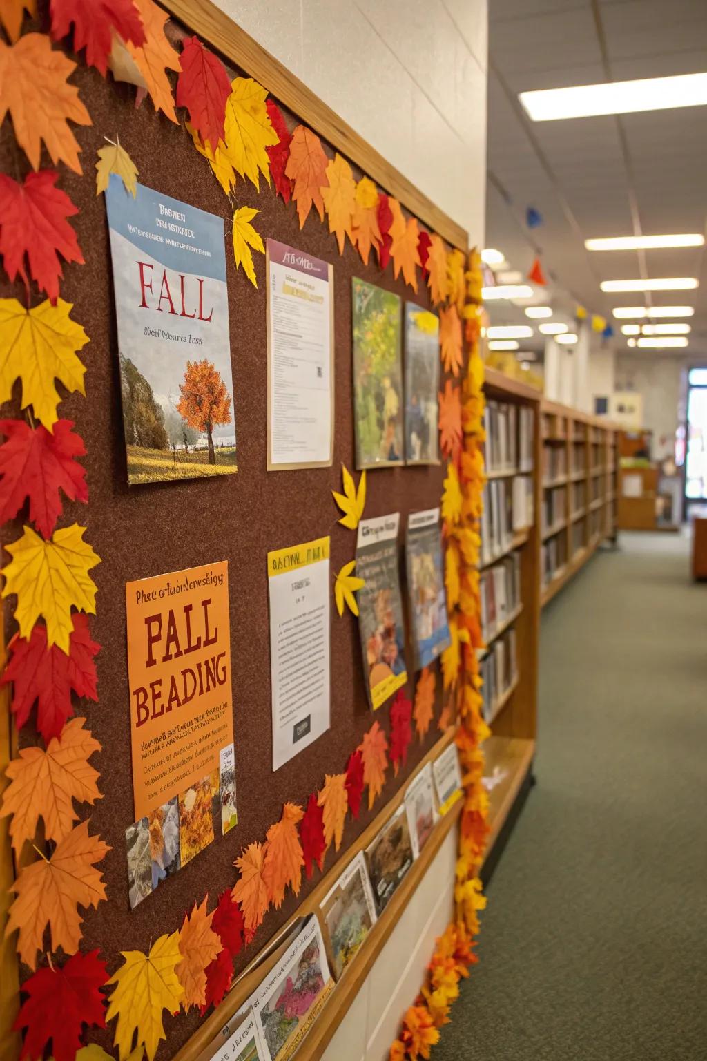 A reading-themed bulletin board to celebrate the joy of fall reading.