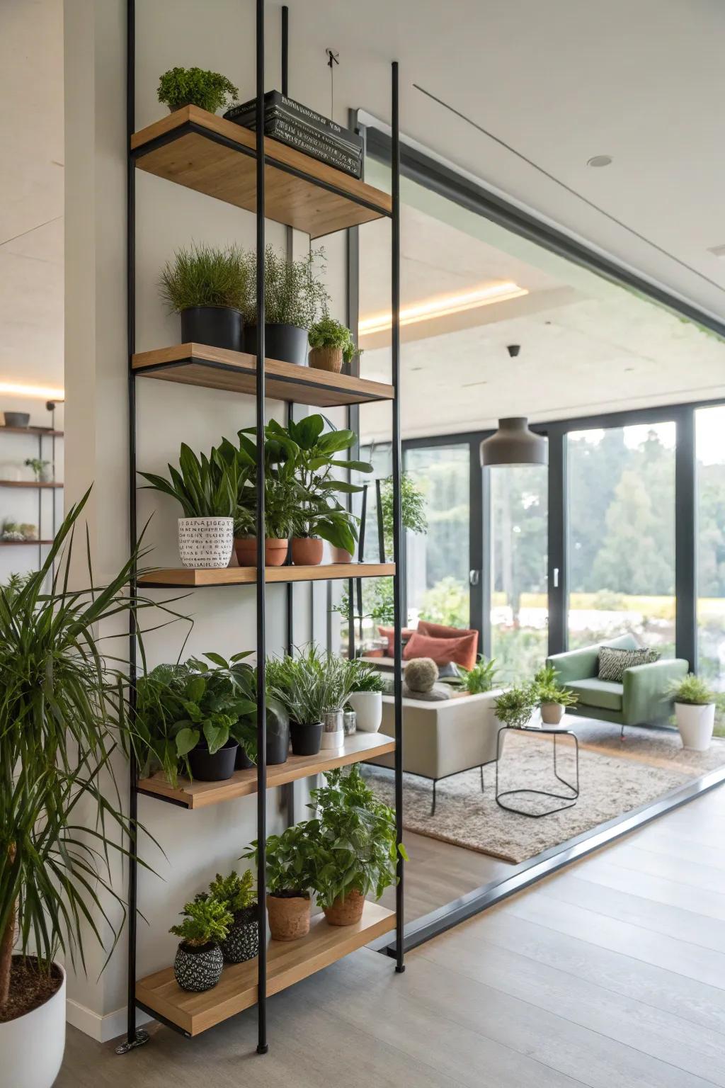 Wall-mounted racks create a contemporary plant display.