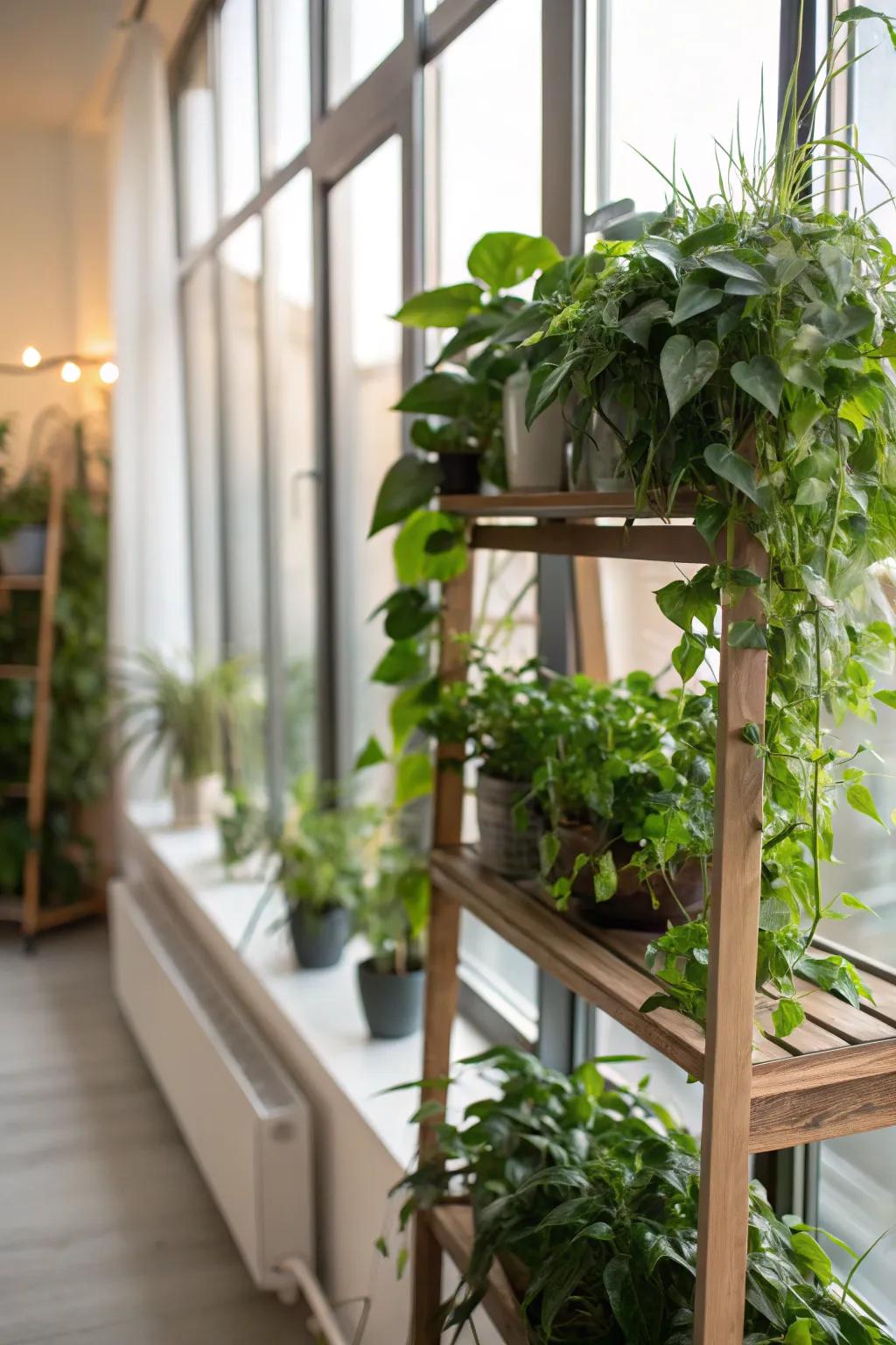 A sunlit plant shelf placed near a window for maximum light.