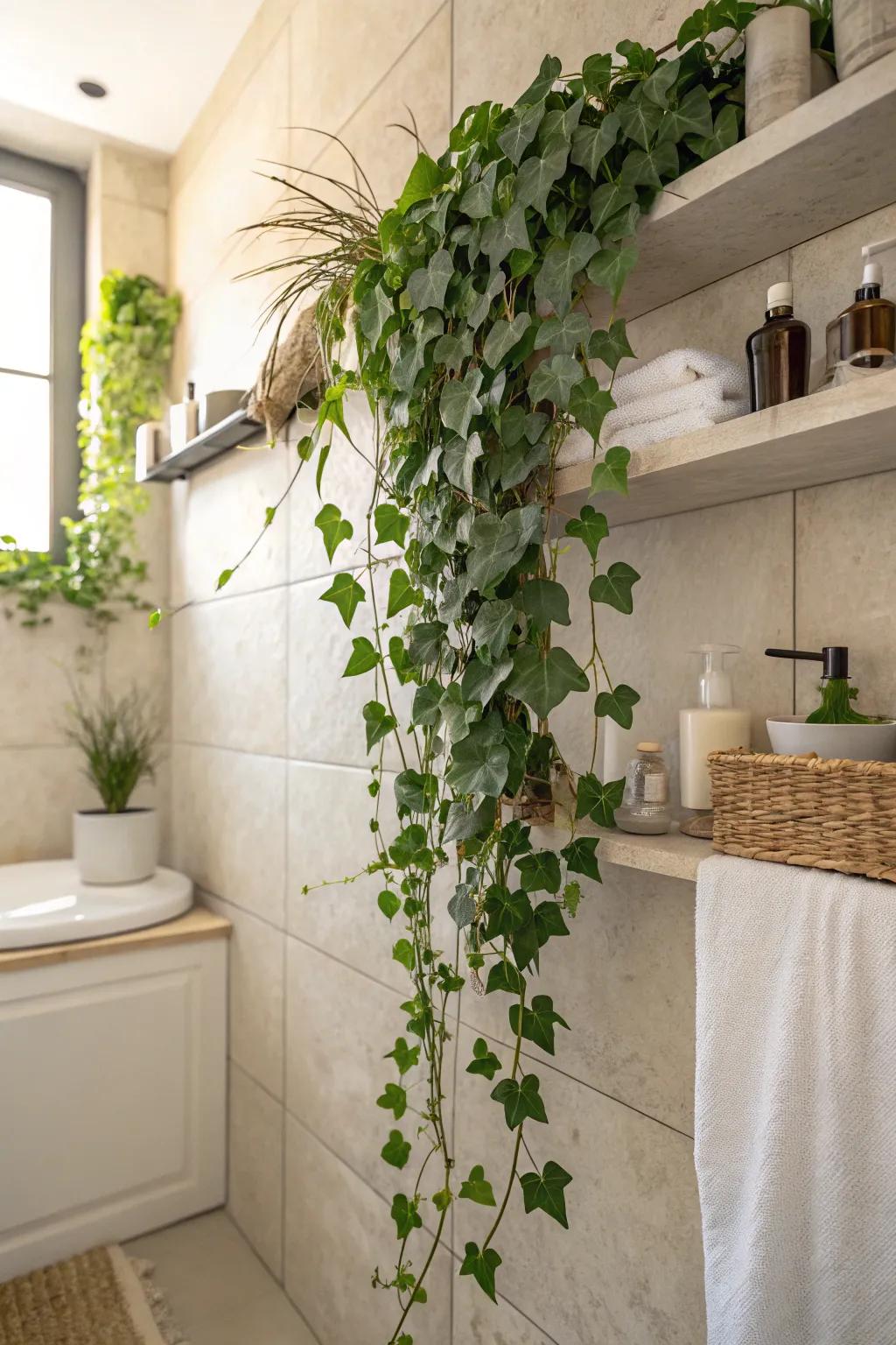 Trailing vines introduce a sense of playfulness and nature to your bathroom area.