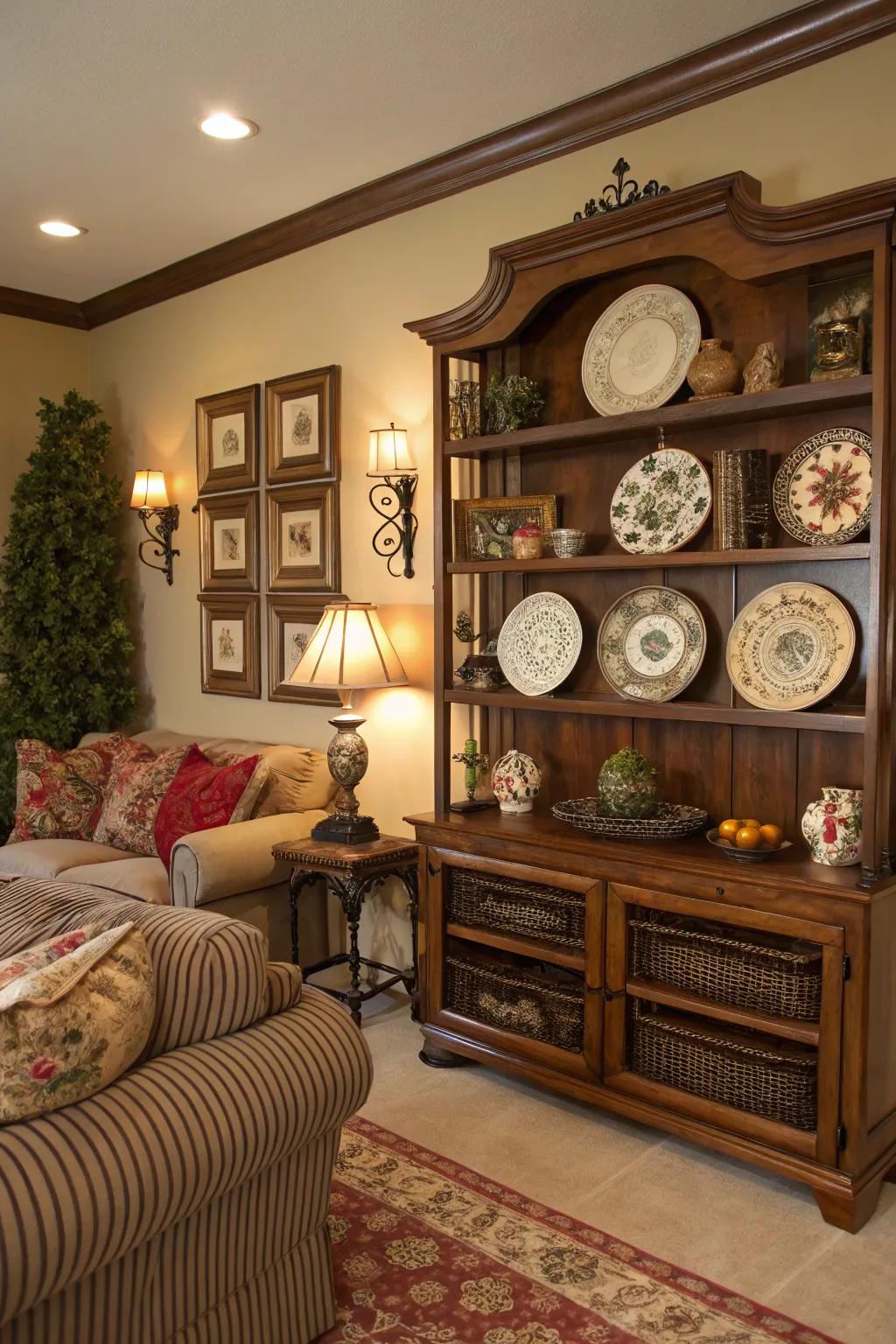 A multi-use living area showcasing ornamental shelves and plate rails