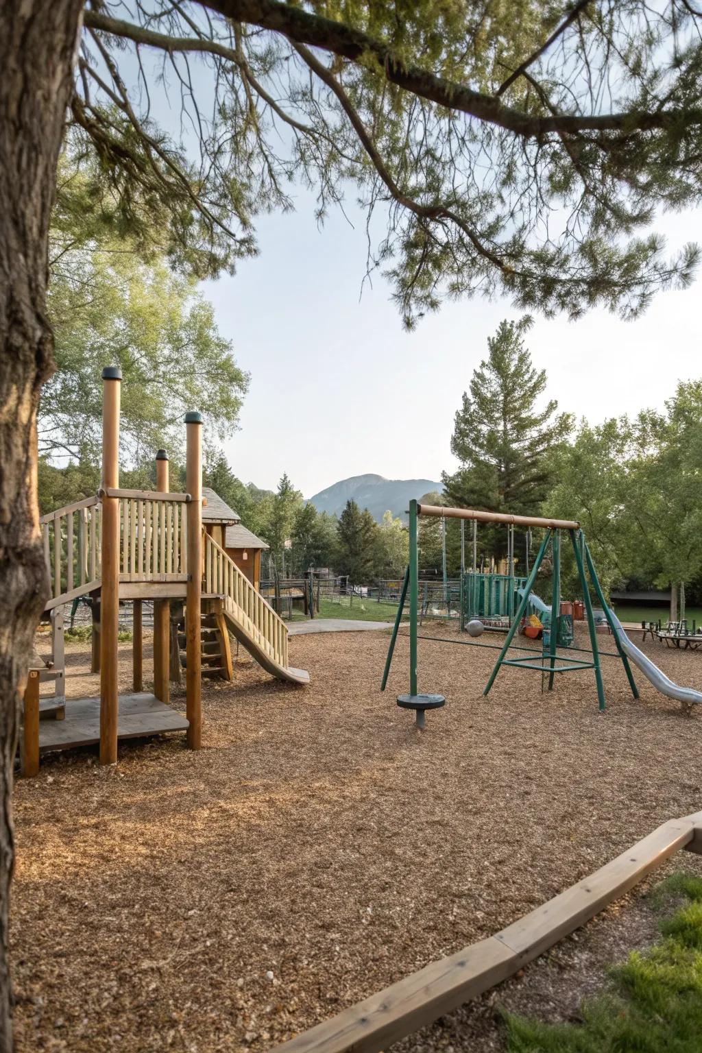 Wood shavings provide a natural and secure playground surface.