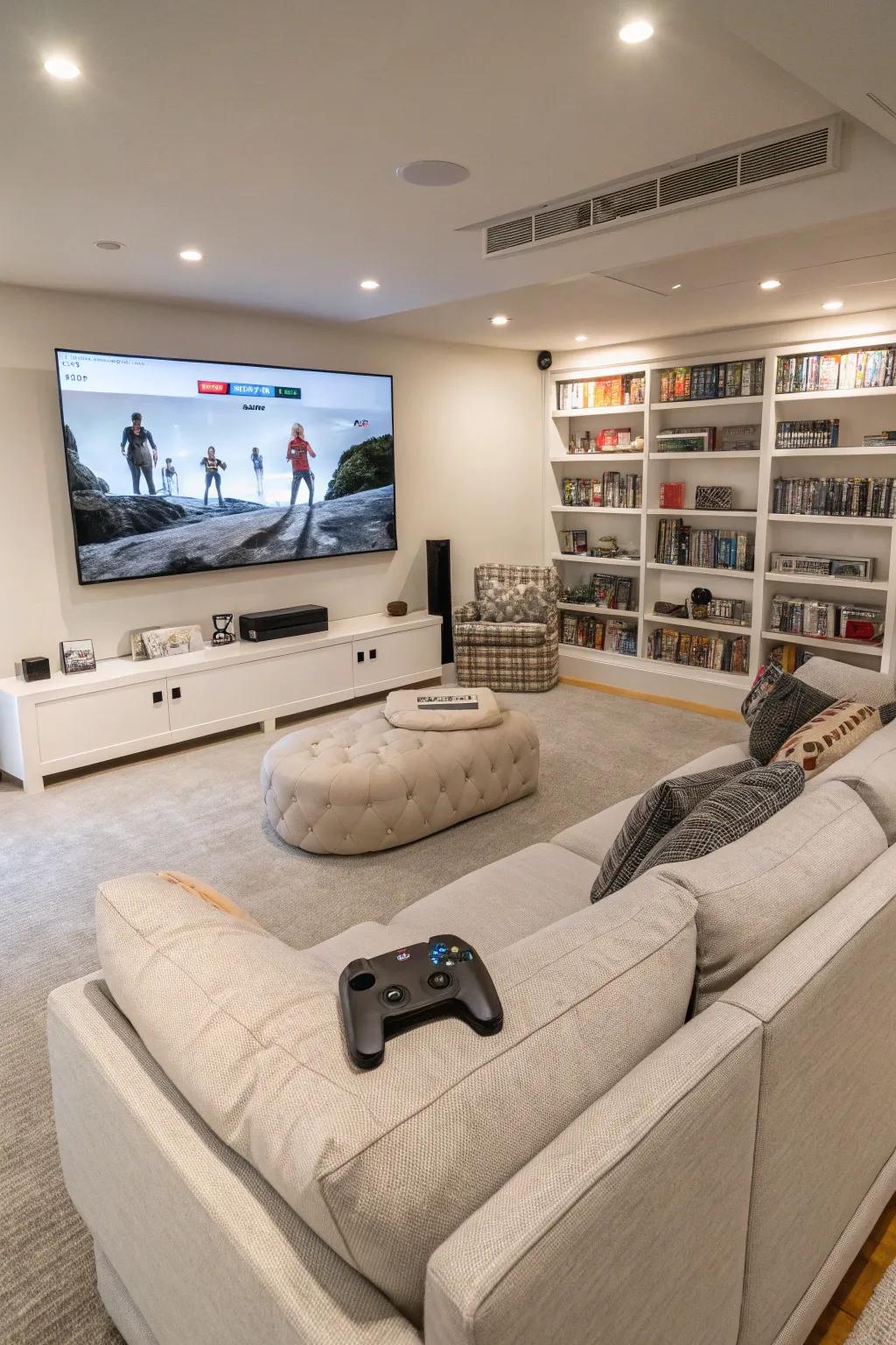 A recreational area fully equipped with a large display for unmatched cinematic and gaming experiences.