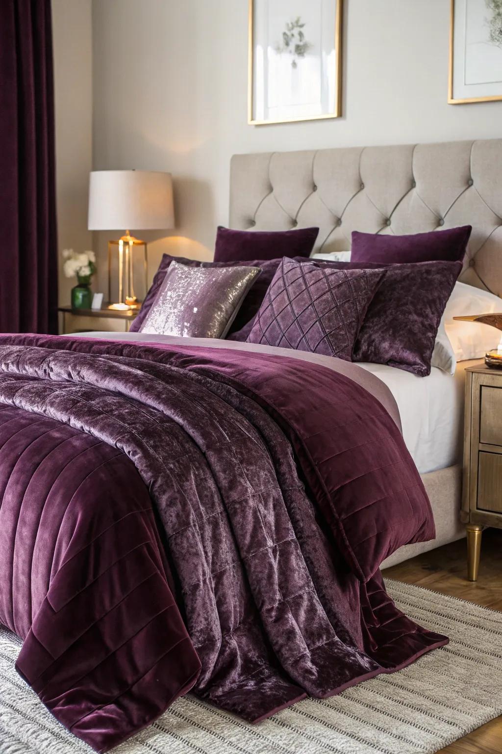 Plum-toned layering creates opulent ambiance across any comforting atmosphere overall.