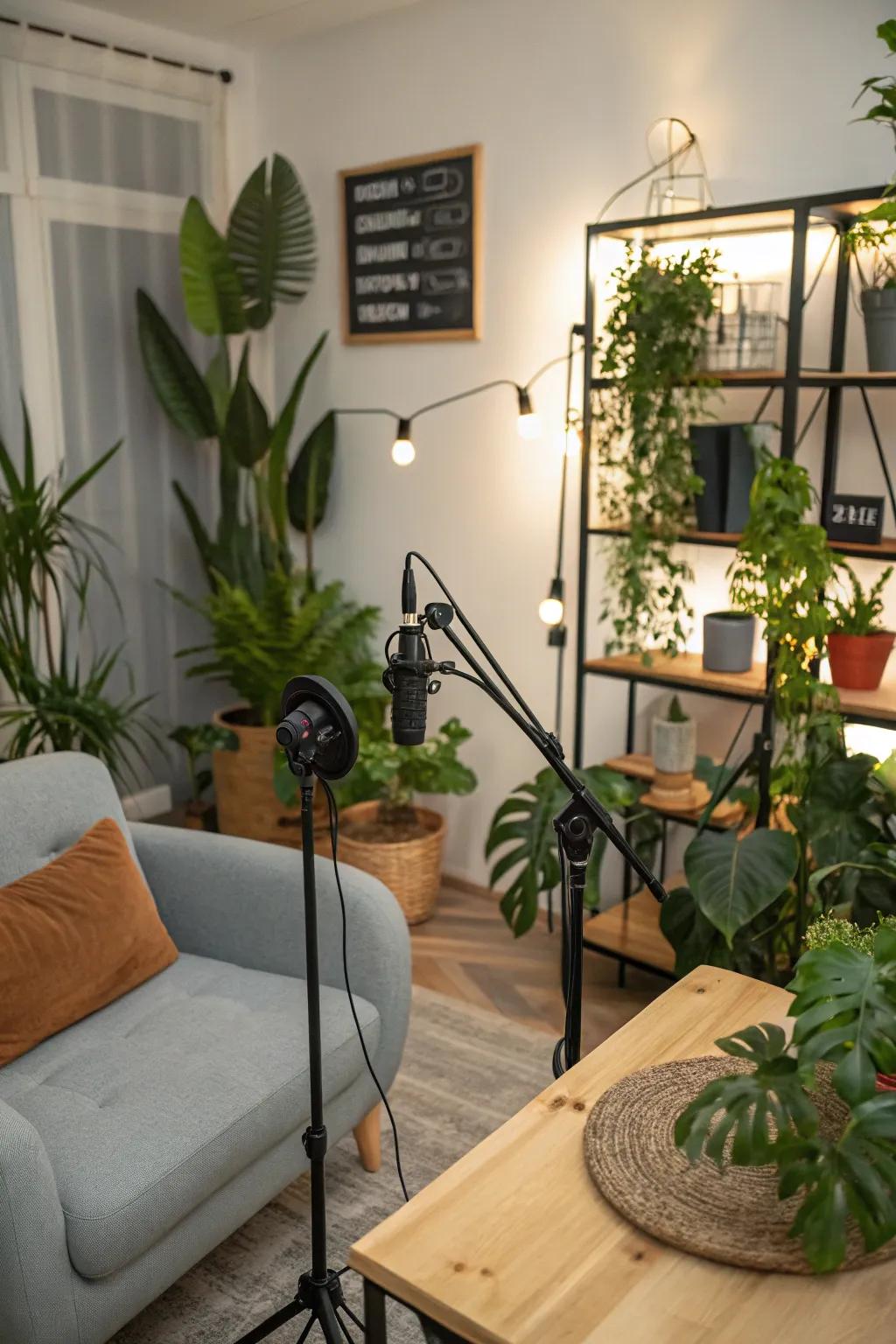 A podcast setup enriched with plant life.