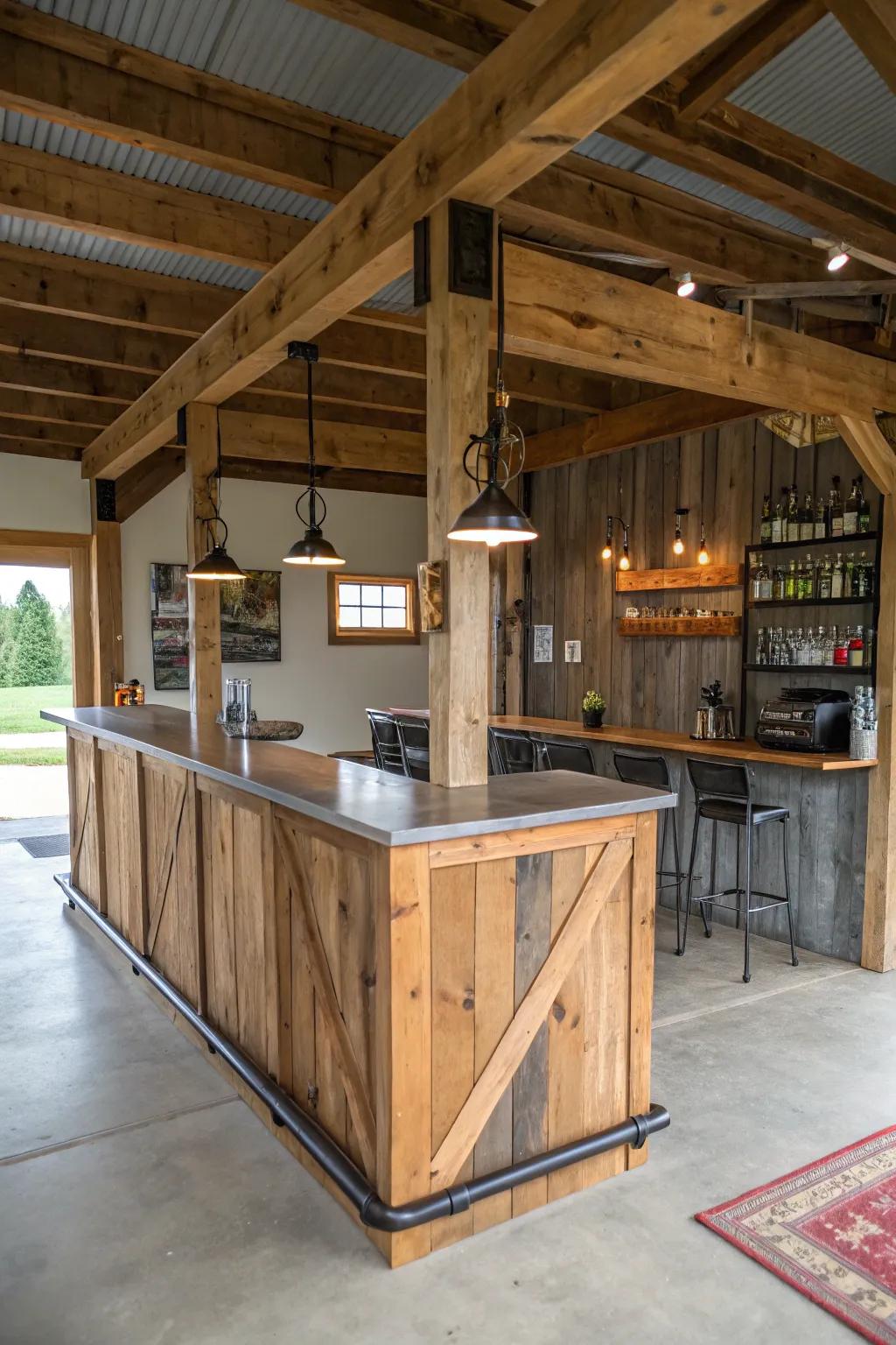 A country-style bar inside a pole barn merging recovered wood with modern details.
