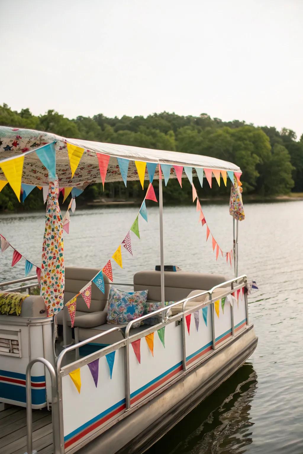 A festival-themed pontoon boat radiating shades and amusement.