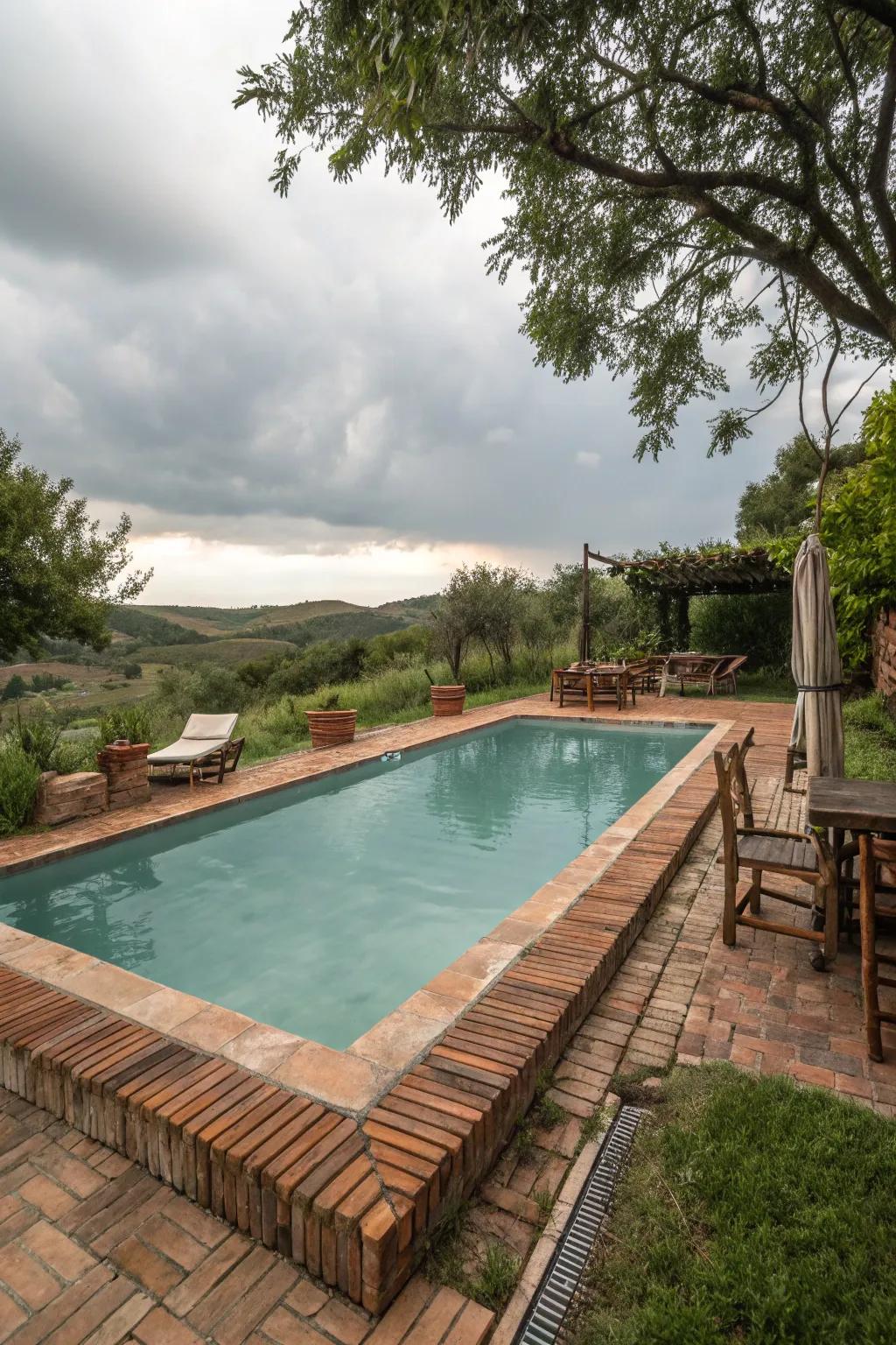 Brick border brings a warm, rustic appeal to your pool space.