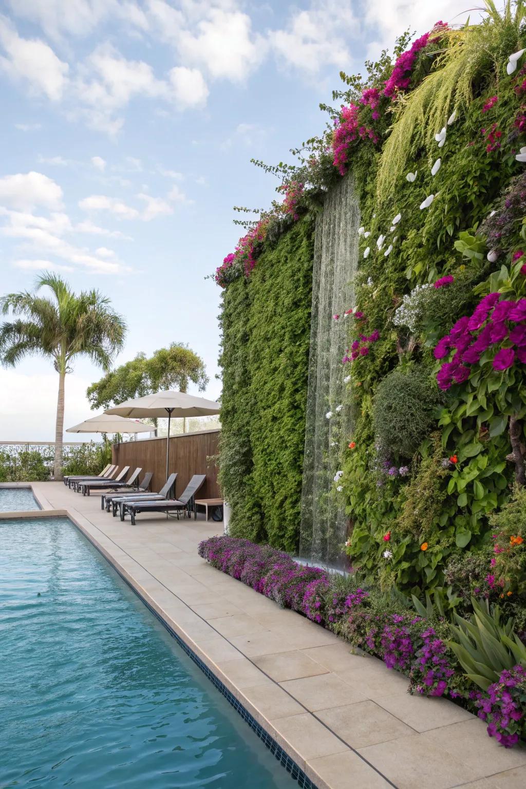 Upright gardens contribute vibrant greenery and a sensation of the outdoors to your pool deck.